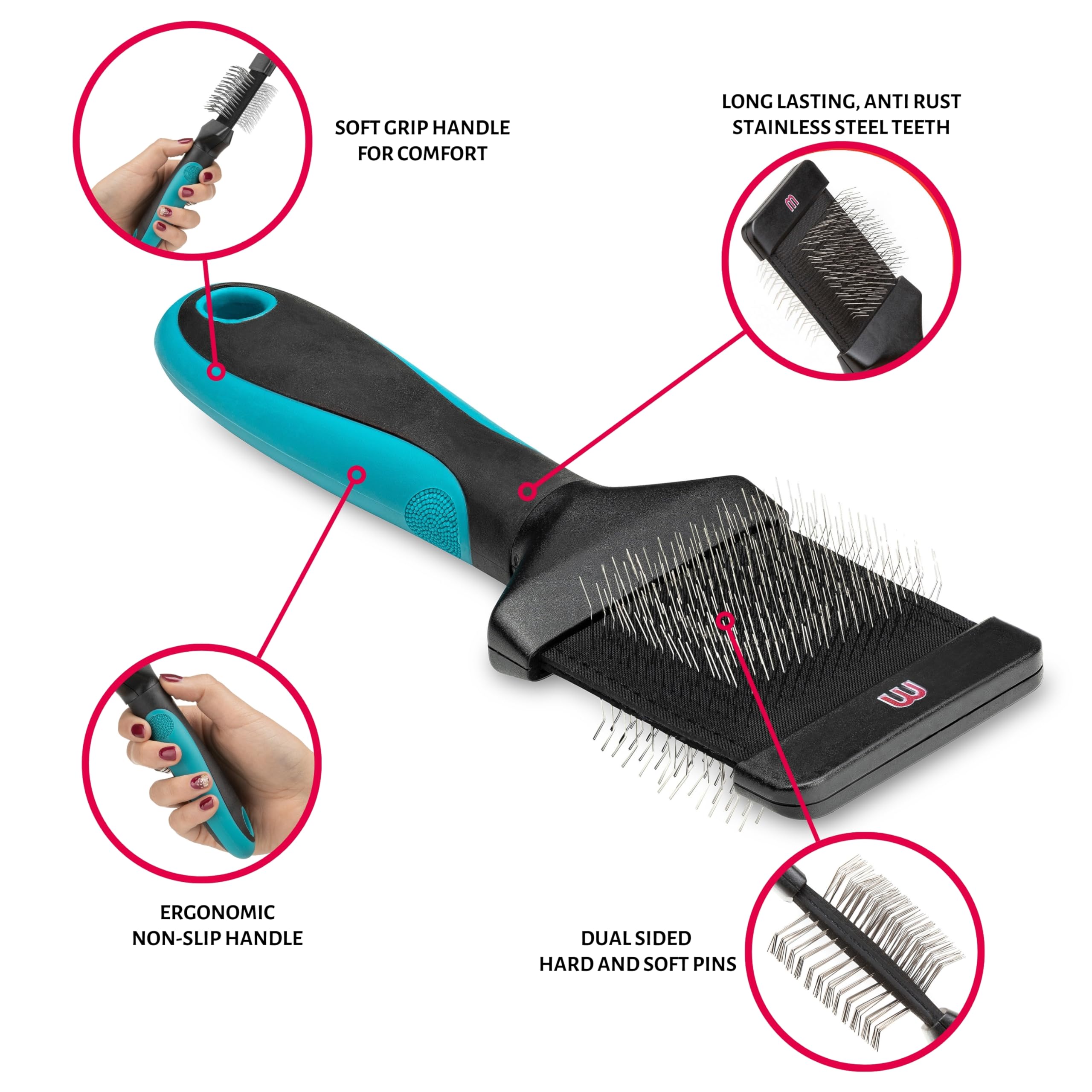 Mikki Pro Slicker Brush - Detangle, Smooth, Remove Undercoat | Double-Sided | Ergonomic Handle 3