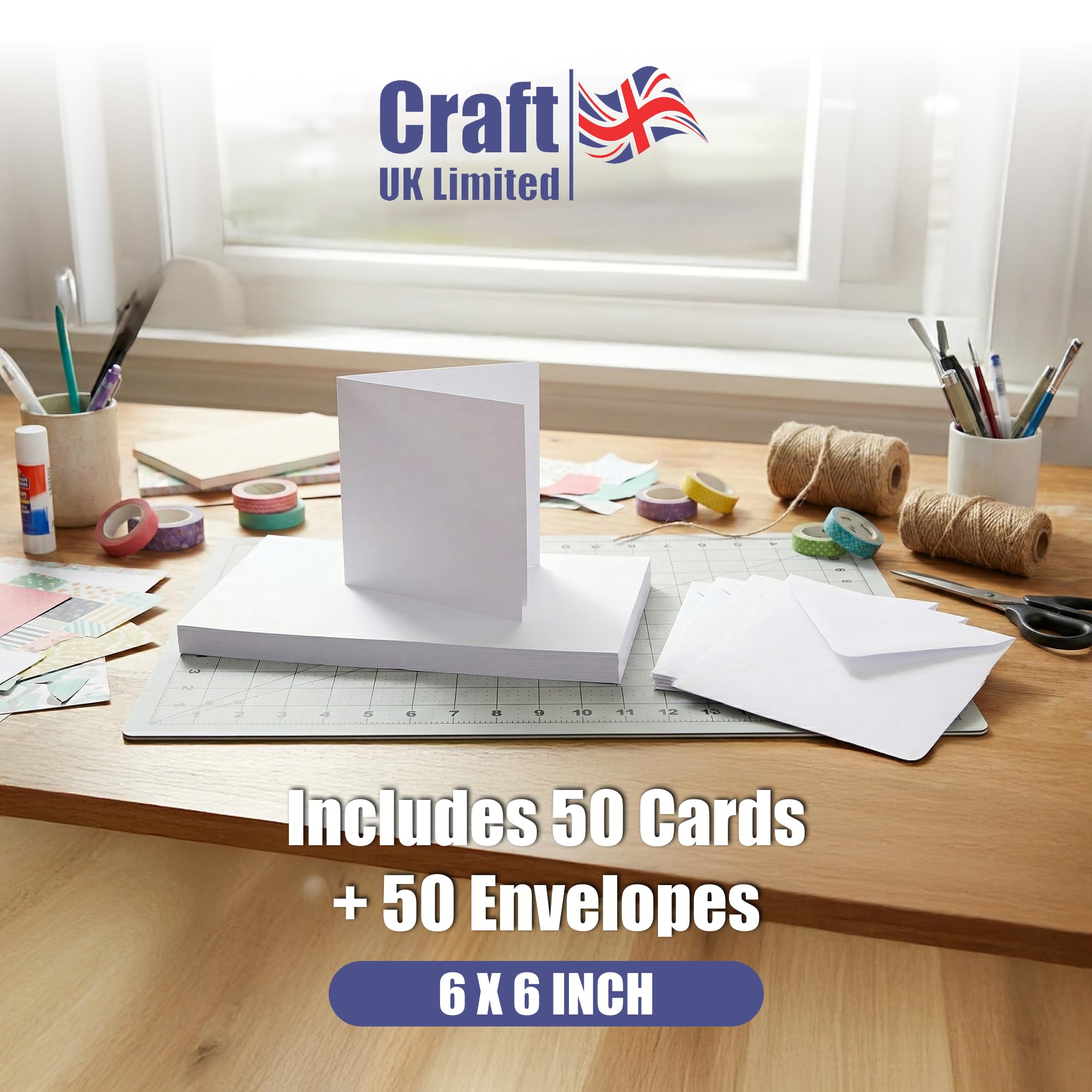 Craft UK White Cards & Envelopes - 50 Pack | 6 x 6 Size | Pre-scored 3