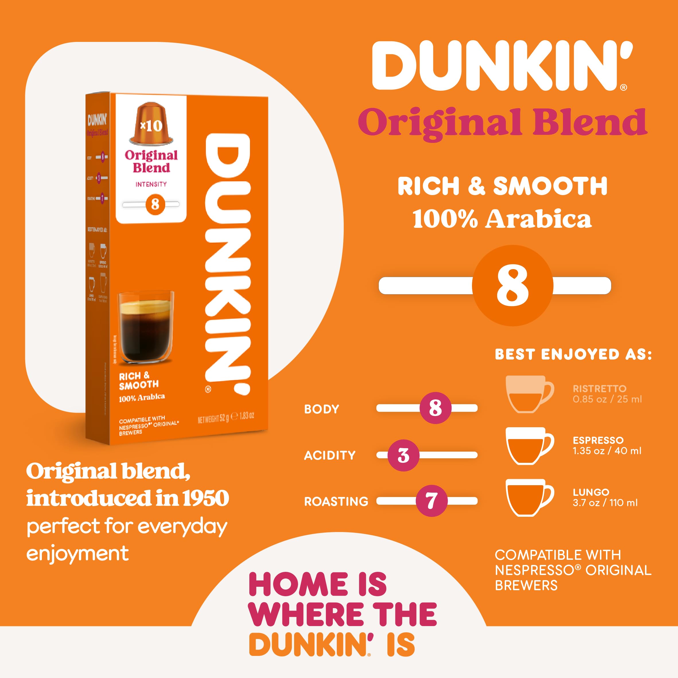 Dunkin' Donuts Original Blend Coffee Capsules for Nespresso - Medium-Dark Roast | 10 Count