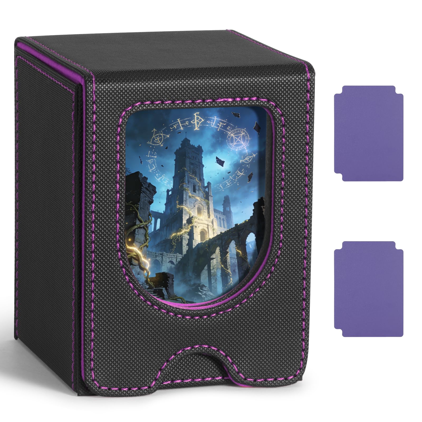 Euqvunn TCG Deck Box - Magnetic Closure, Display Window | Holds 100-220 Cards | Black & Purple 1