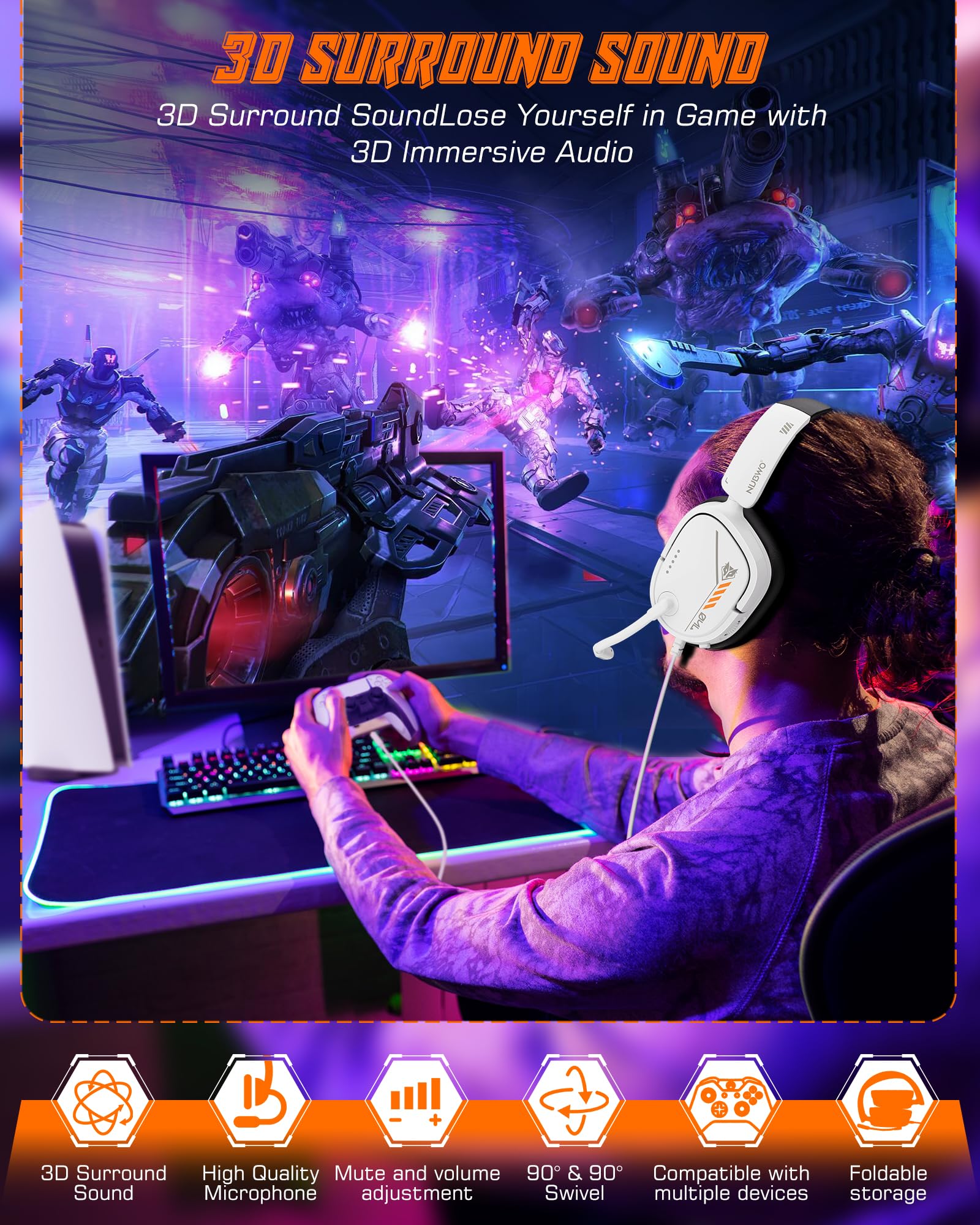 NUBWO HG04L Gaming Headset for PS5, PS4, Xbox Series X|S, Xbox One, Switch | Over-Ear, Memory Foam 2