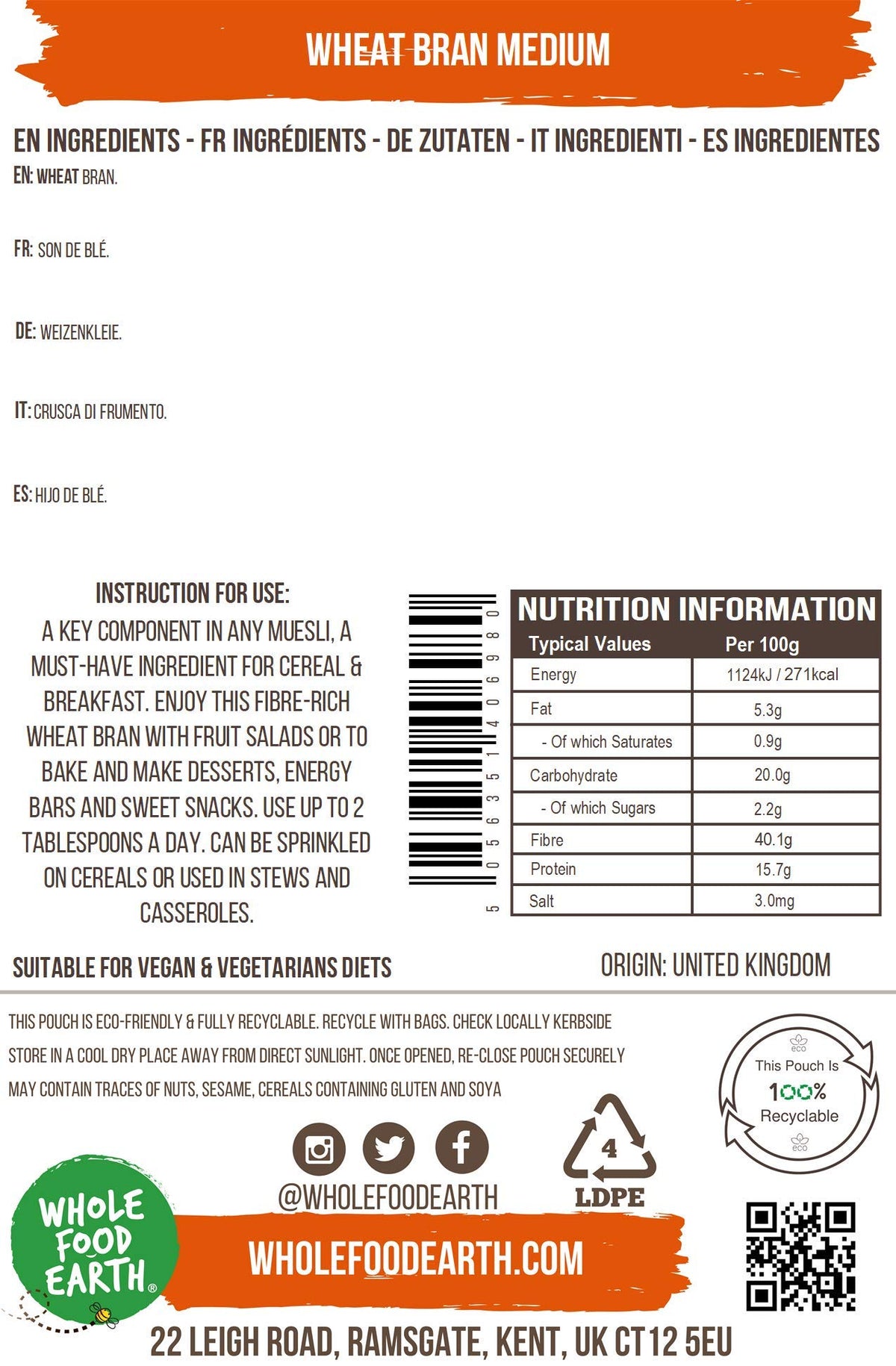 Wholefood Earth Wheat Bran Medium - GMO Free, High Fibre, 500 g (Pack of 2)
