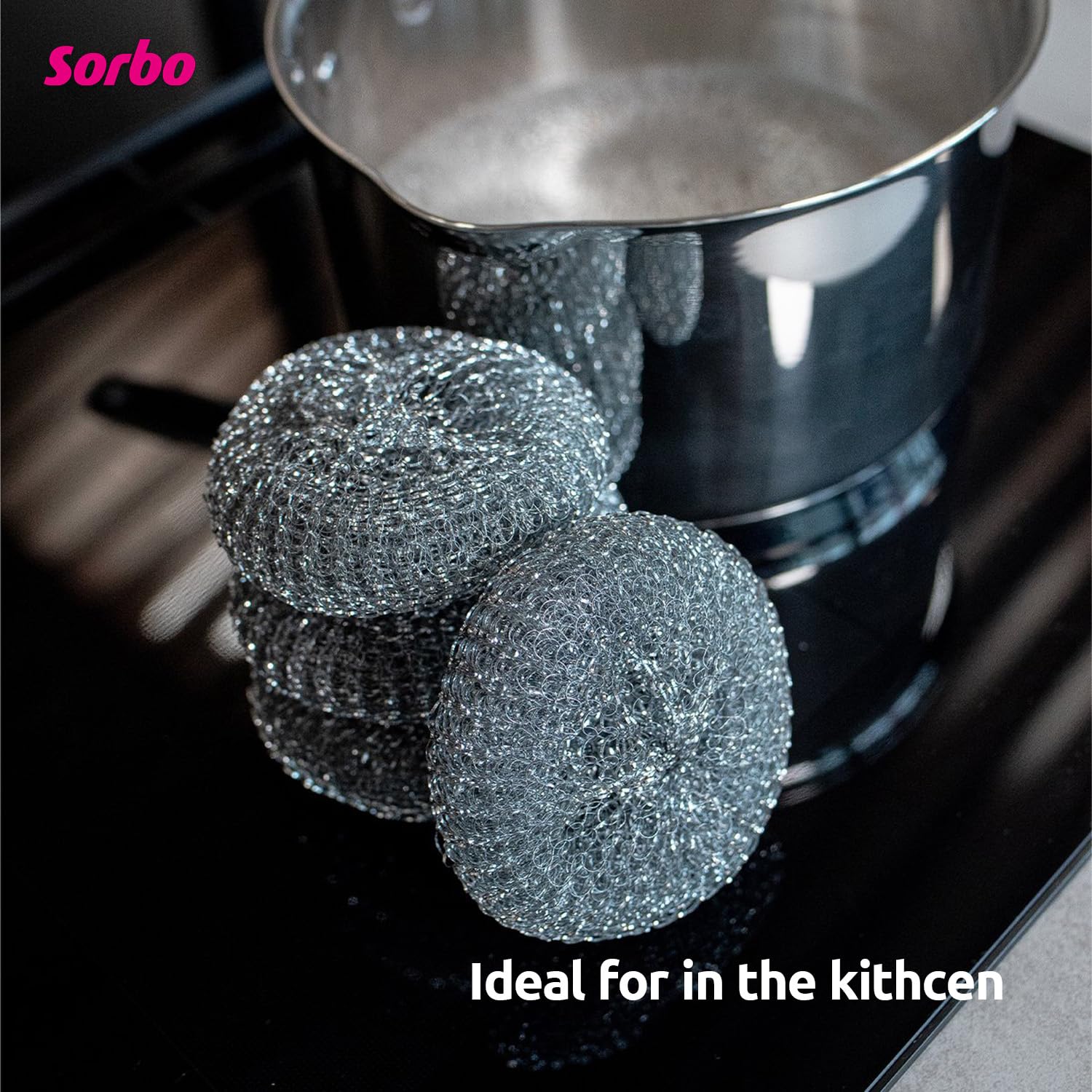 Sorbo Metal Pan Scourers - Heavy-Duty Steel Wool Pads for Tough Grease | 4 Pack 2