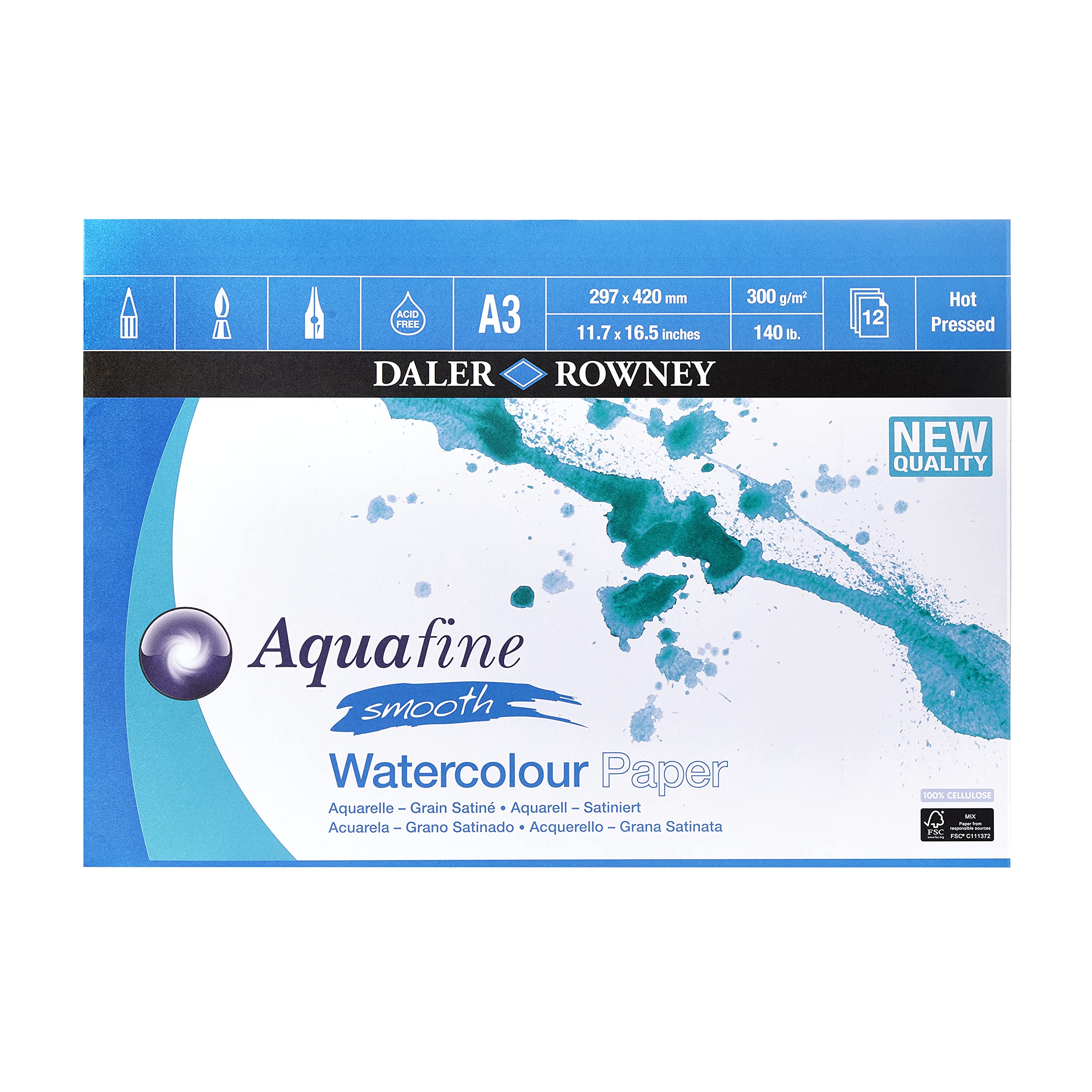Daler Rowney Aquafine Smooth Hot-Pressed Watercolour Paper Pad A3 300gsm 12 Sheets Natural White