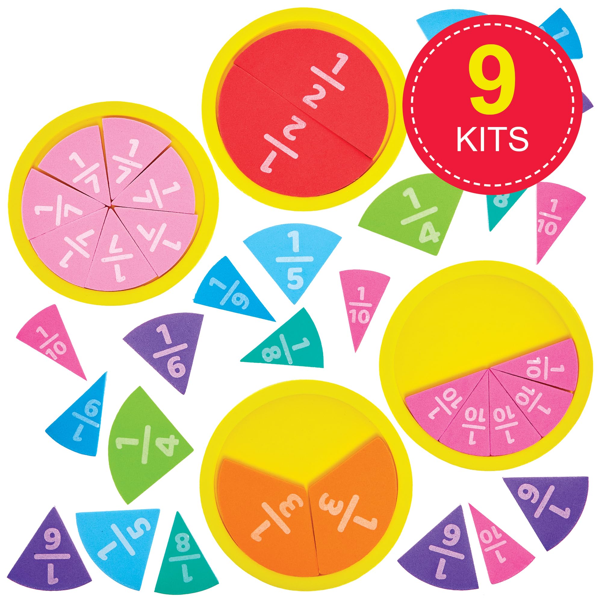 Baker Ross Learn Fractions Foam Kits - Pack of 9, STEM, Math Aids, Colour-Coded Pieces
