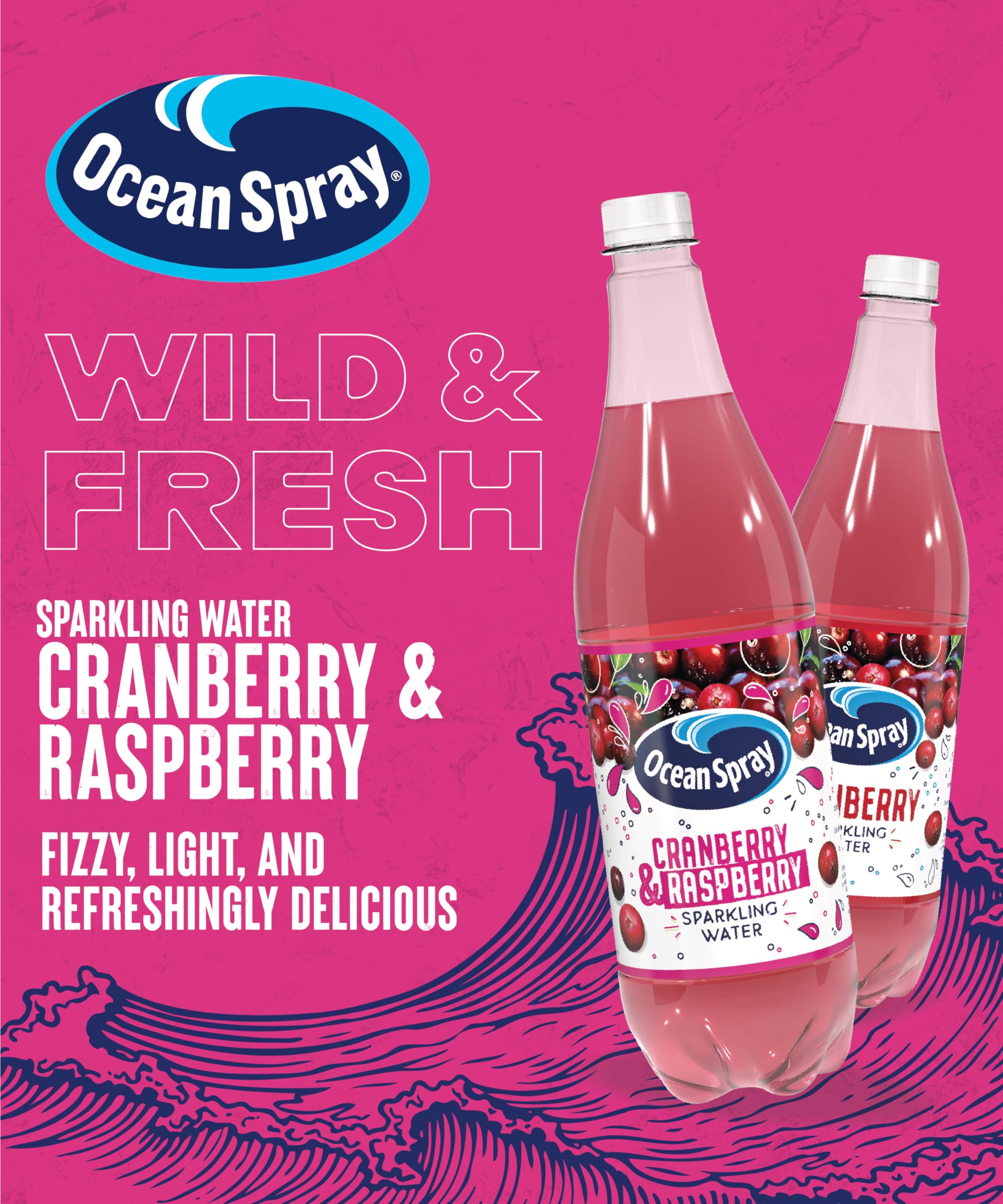 Ocean Spray Pink Cranberry & Raspberry Sparkling Water - 1L | Low Calorie | No Added Sugar