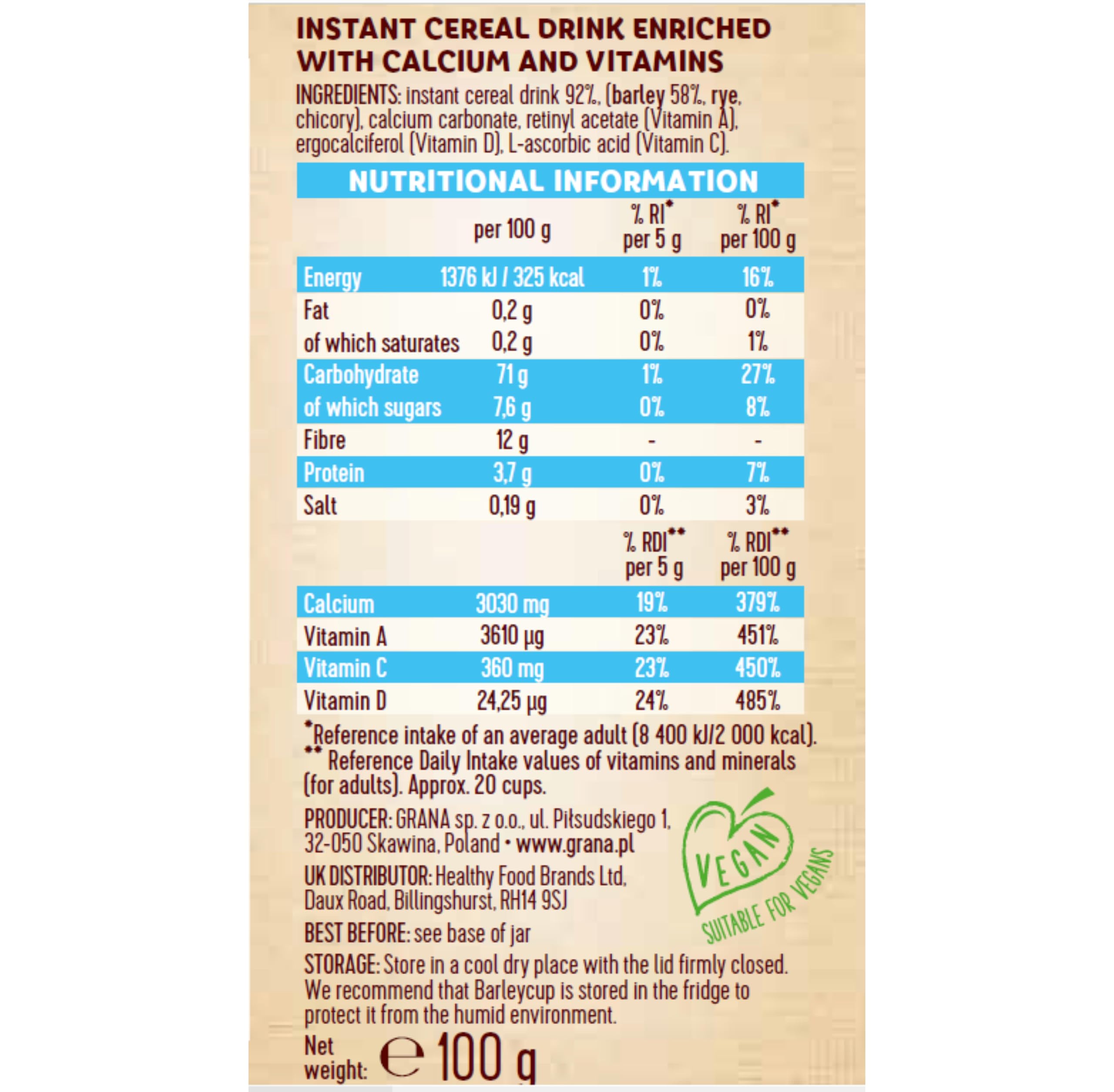 Barleycup Instant Grain Beverage - Caffeine-Free Coffee Alternative with Calcium & Vitamins, 100g 2