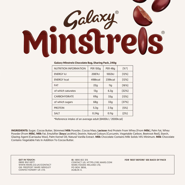 Galaxy Minstrels Milk Chocolate Pouch 195g - Smooth Chocolate with Crisp Sugar Shell