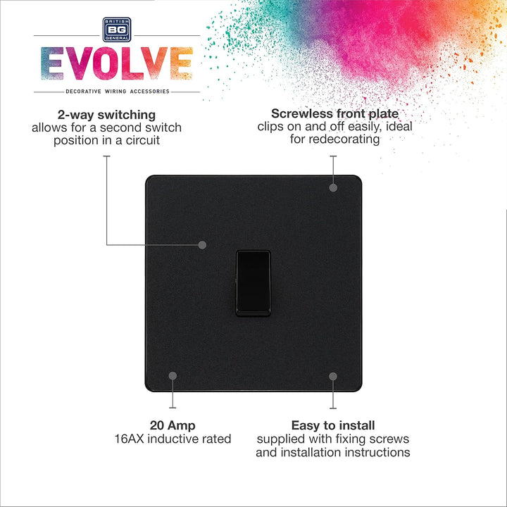 BG Electrical Evolve Single Light Switch, 20A, 2 Way, Matt Black - Stylish Modern Design, Screwless Front Plate, Easy Installation, BS60669-1 Compliant