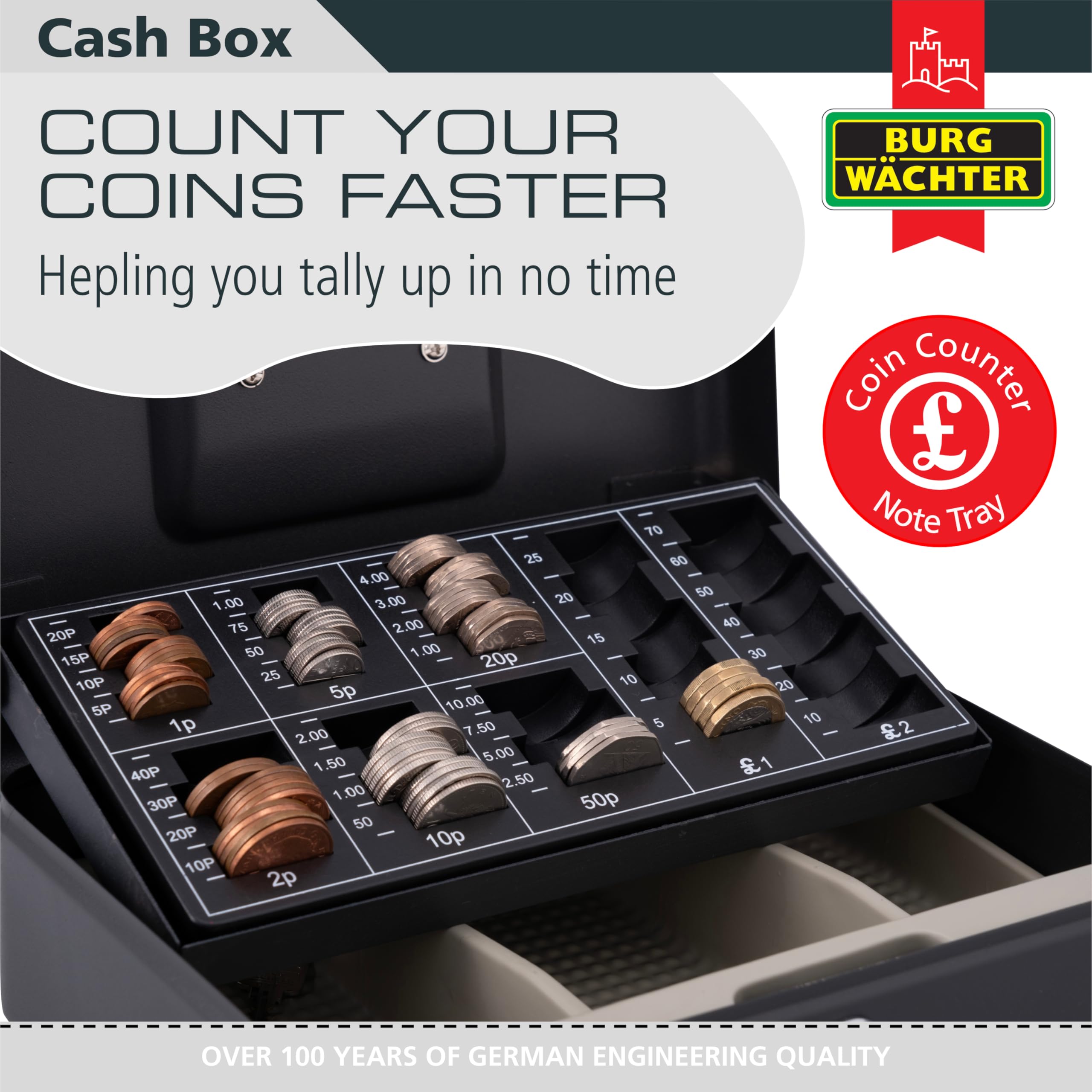 Burg-Wächter CB03GBBK 10' Cash Box with Sterling Coin Tray | Black Metal | Key Lock