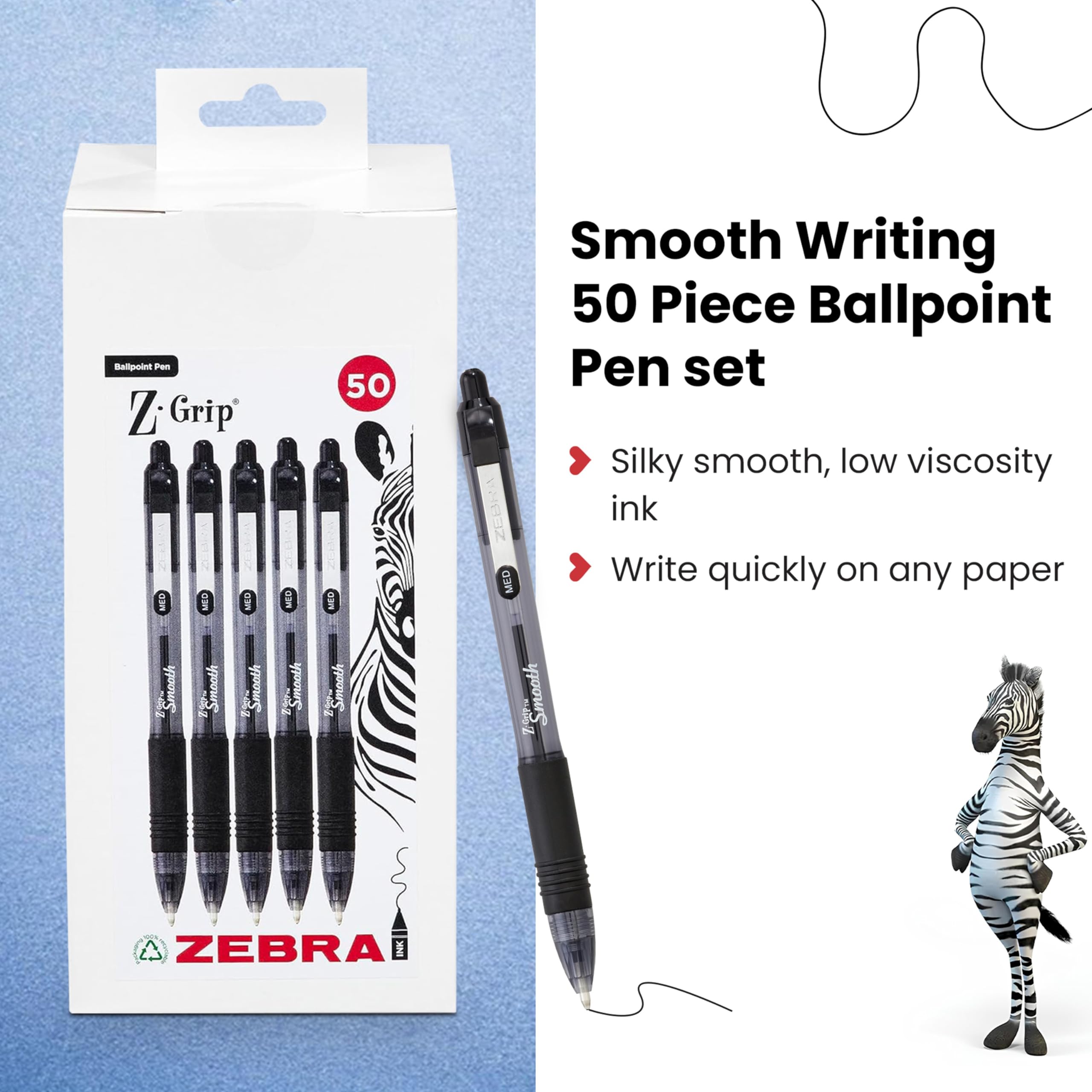Zebra Pen Z Grip Smooth Black Retractable Ballpoint Pens - Easy Glide Ink, Comfort Grip, Medium Point | 50 Pack 3