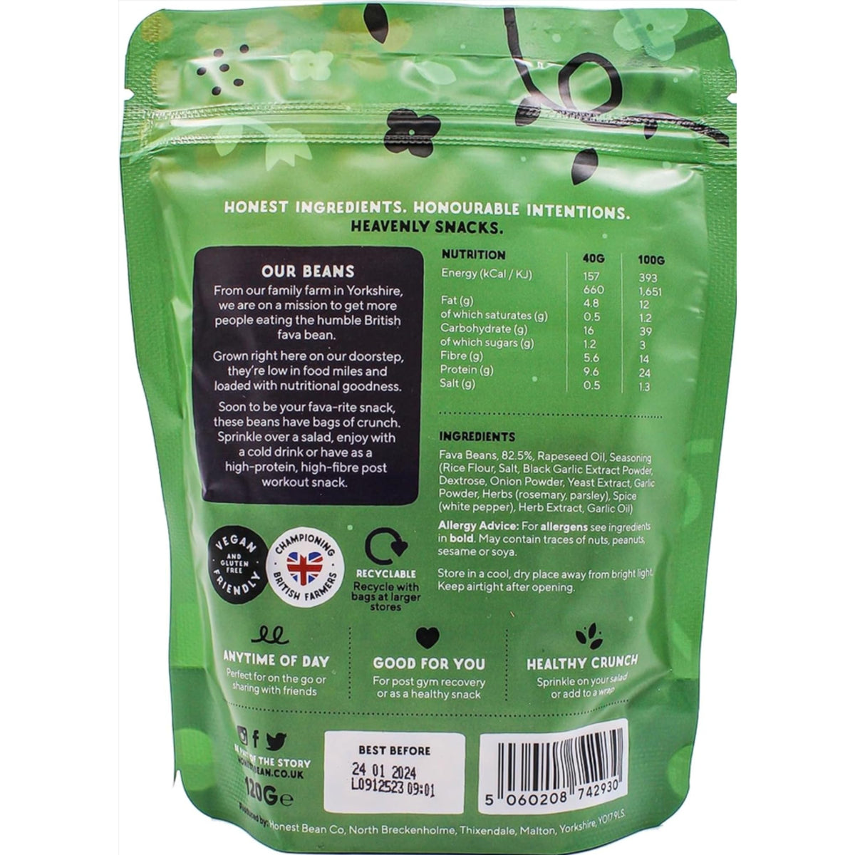 The Honest Bean Co Roasted Fava Beans, Black Garlic & Herb - 120 g, 6-Pack