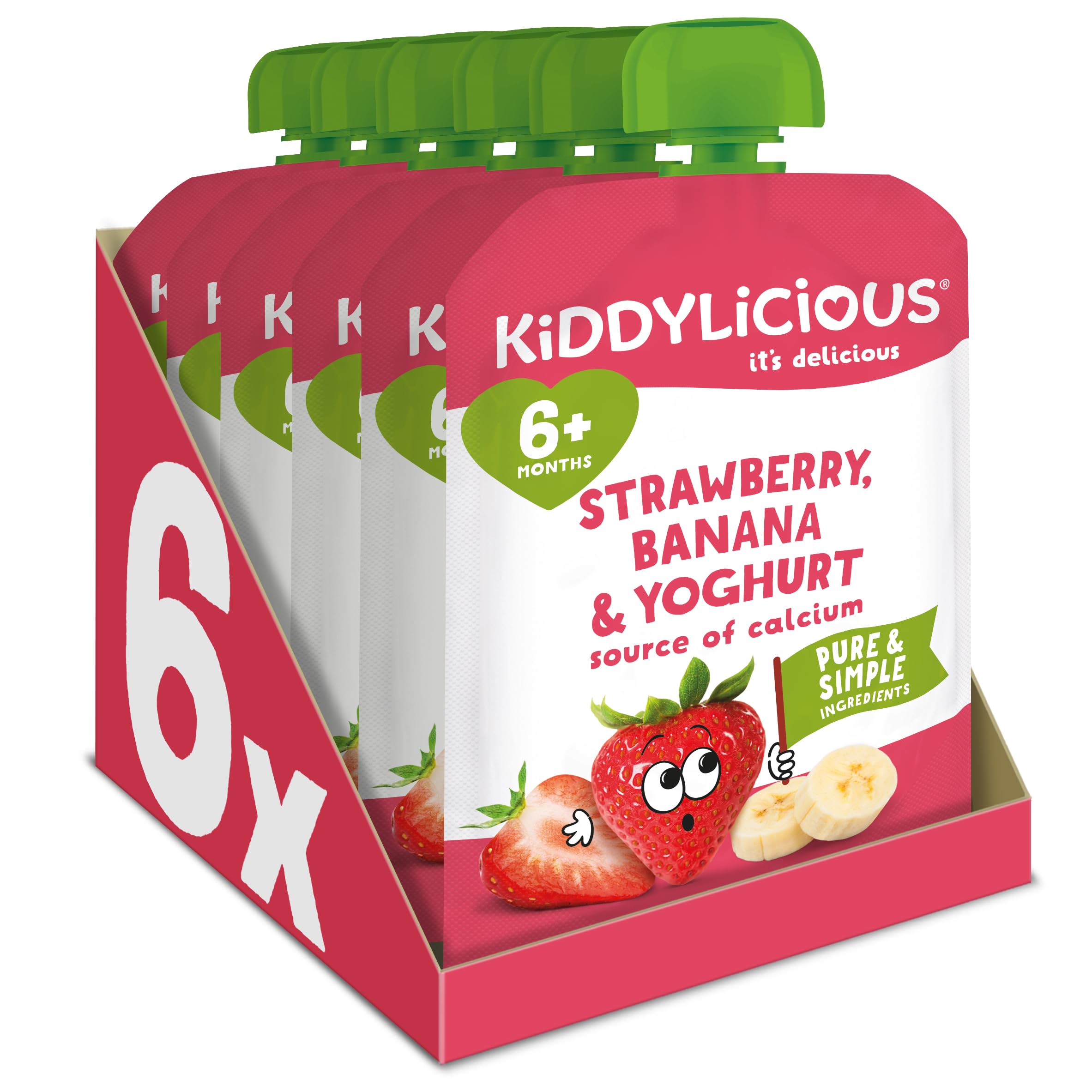 Kiddylicious Strawberry & Banana Yogurt Pouches - 6 Pack of Smooth Purée Snacks with Calcium for Toddlers 1