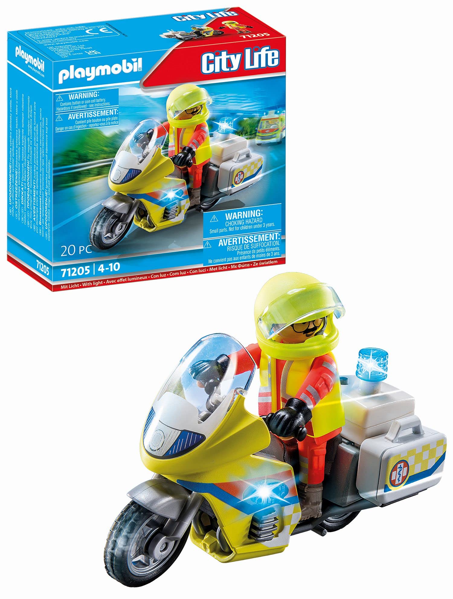 Playmobil 71205 Rescue Emergency Motorcycle with Flashing Lights - Action Figure Playset for Kids 4+ 7