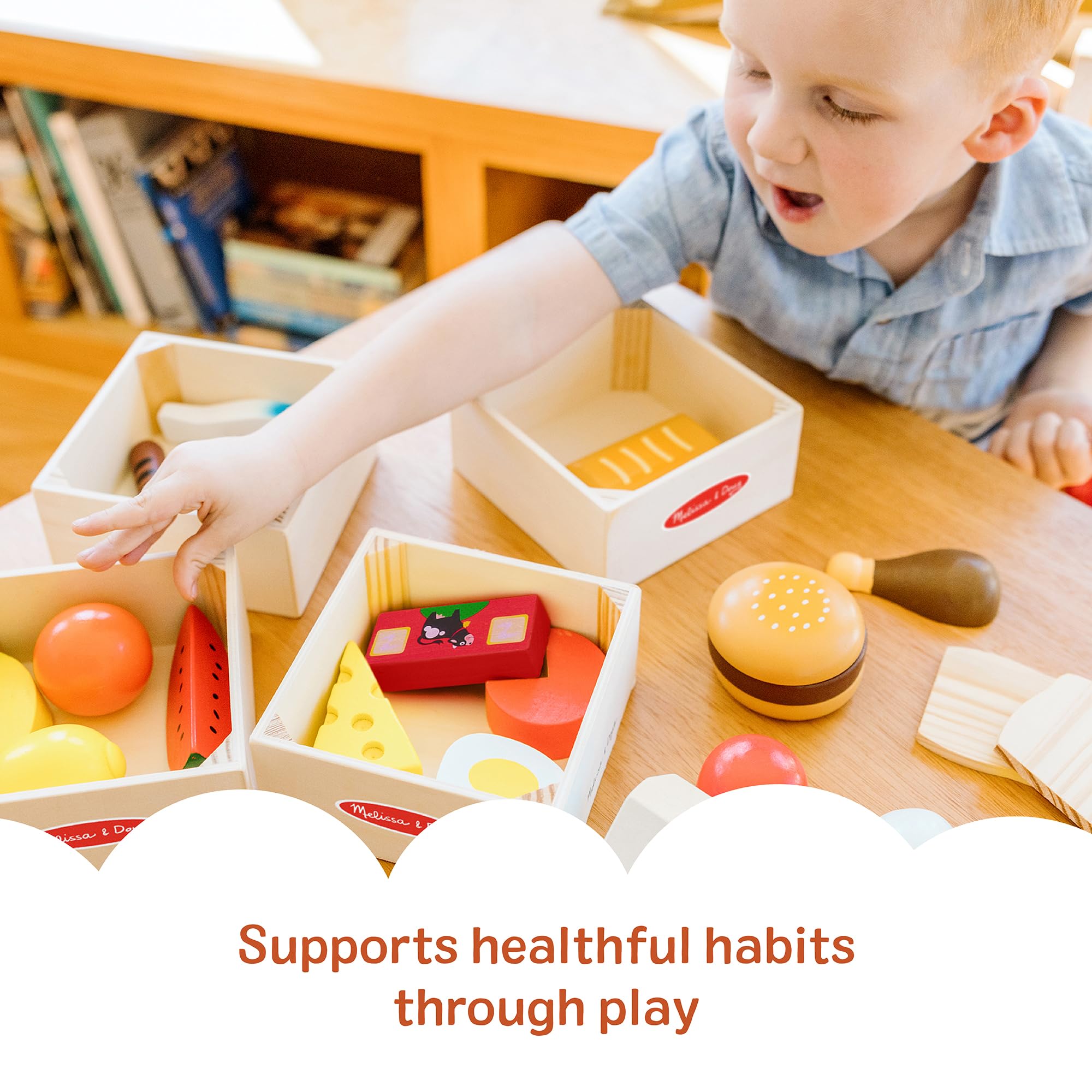 Melissa & Doug Wooden Food Groups Set - Role Play Kitchen Toy | Ages 3+ | Includes 4 Crates