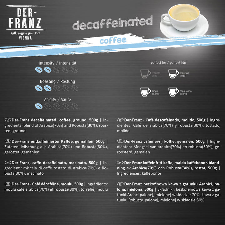 Der-Franz Decaffeinated Ground Coffee, 100% Arabica Blend, 2 x 500g