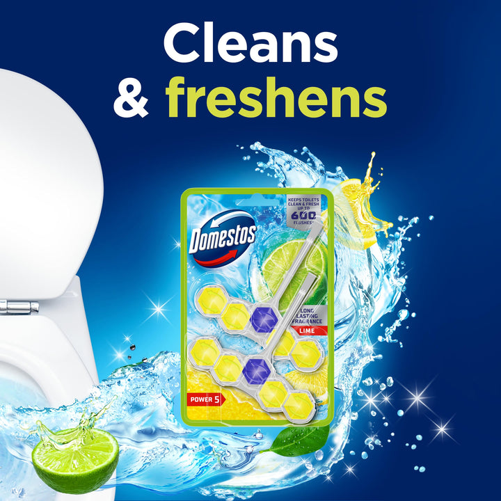 Domestos Power 5 Lime Toilet Rim Blocks 2x 50 g - Long-Lasting Toilet Freshener with Limescale Prevention