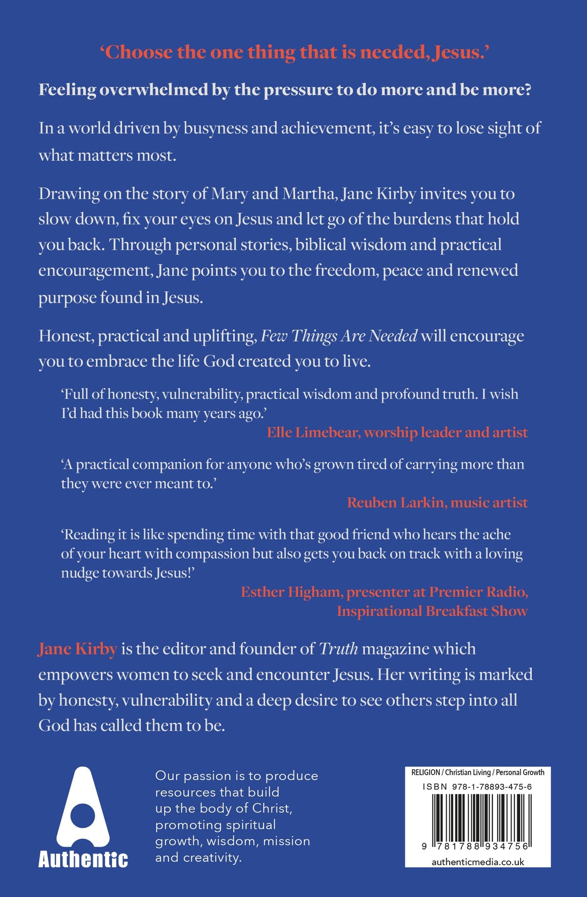 Jane Kirby - Few Things Are Needed: Letting Go of What Holds You Back and Becoming Who God Created You to Be | Christian Living Book