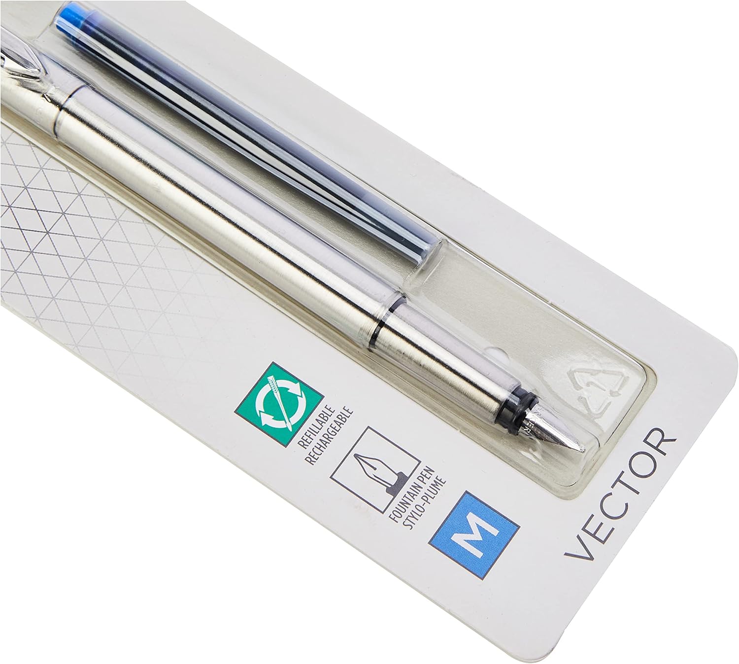 Parker Vector Fountain Pen | Stainless Steel with Chrome Trim | Medium Nib | Blue Ink | Hangtab 4