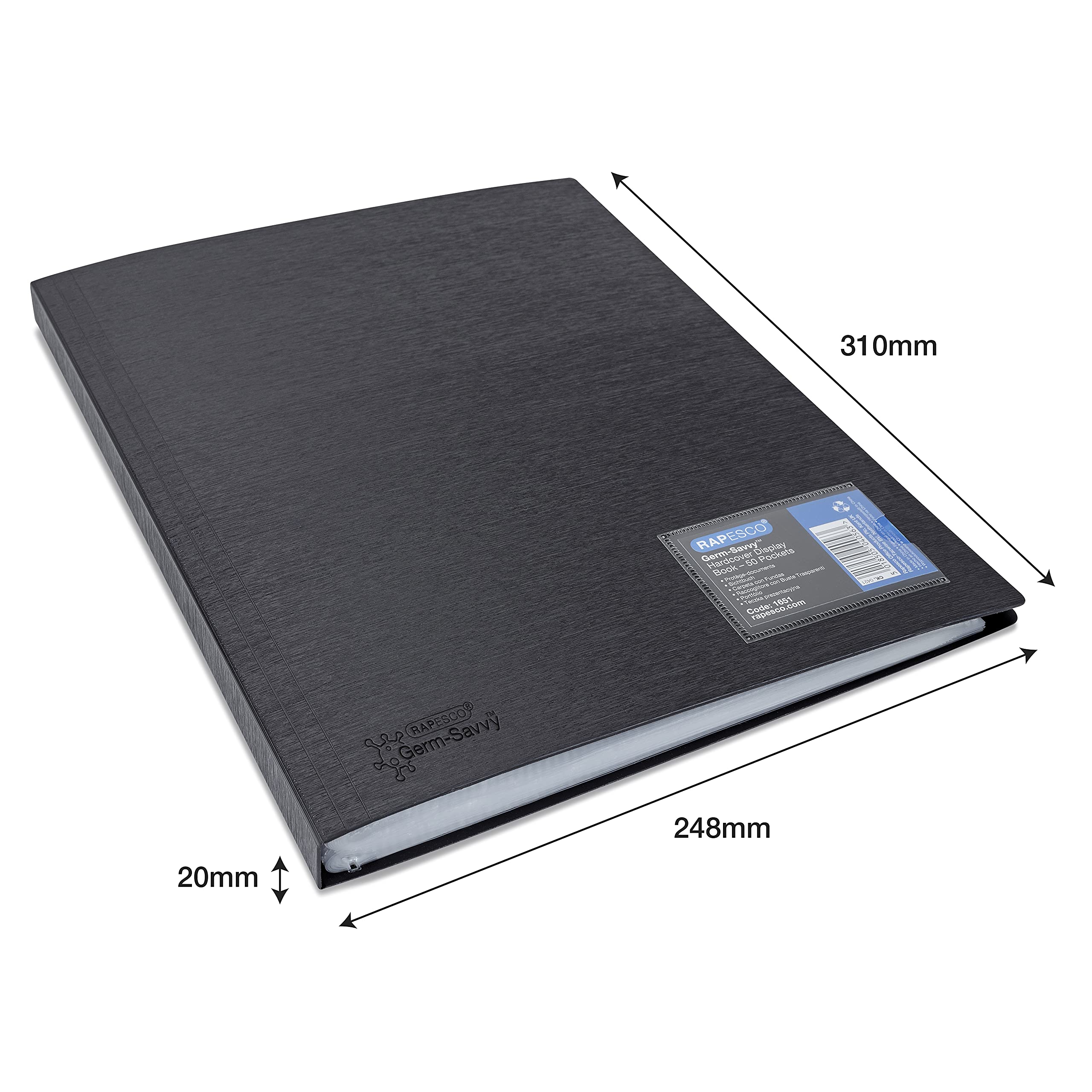 Rapesco 1651 Germ-Savvy Antibacterial Polypropylene Presentation File Folder with 50 Pockets, Black 6