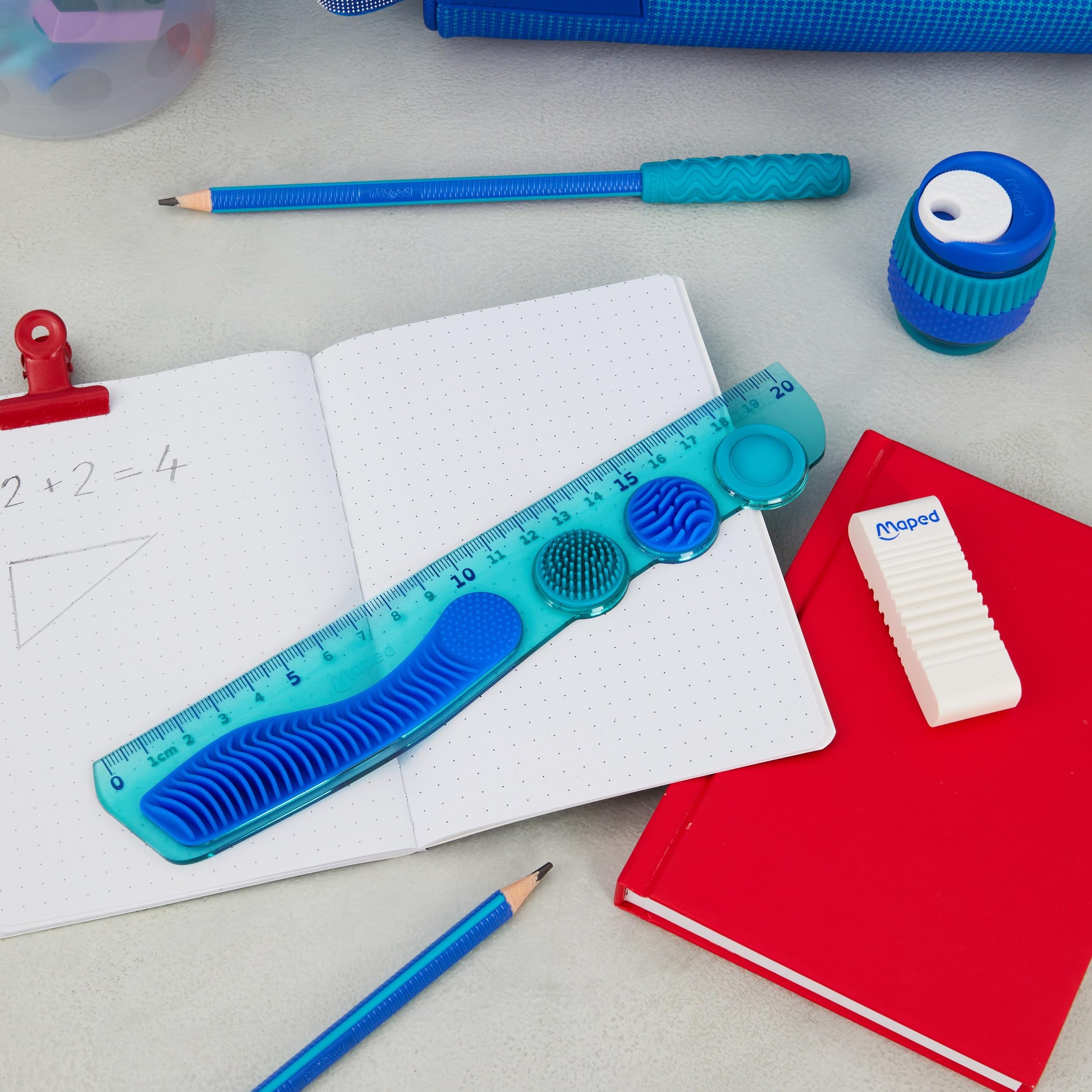 Maped Kidy Learn Concentration 1 Hole Pencil Sharpener - Sensory Rotating Rings, Soft Grip, Blue 5