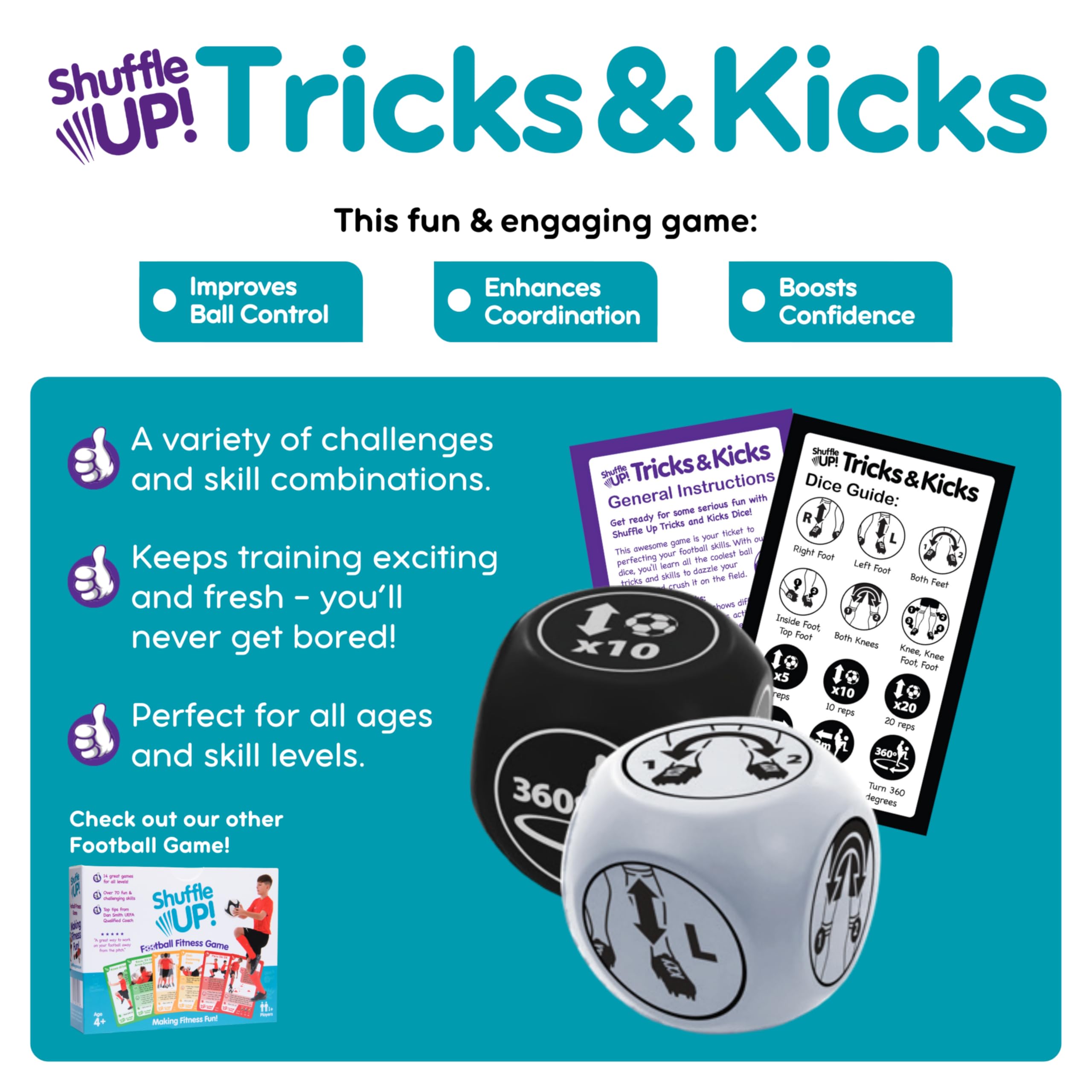 Shuffle Up Tricks & Kicks Football Dice Game - Keepy Uppy Training Dice for Kids and Teens 2