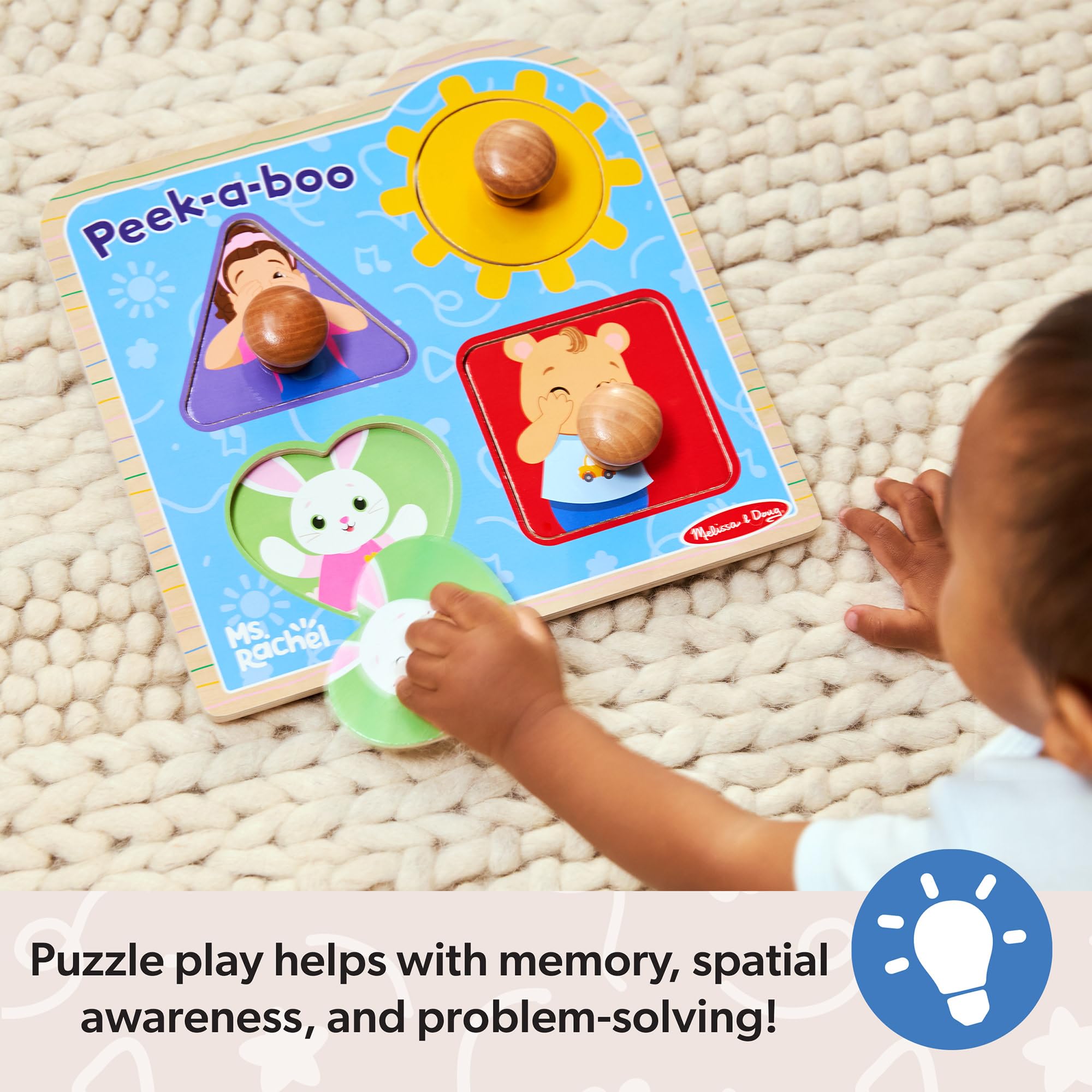Melissa & Doug Ms Rachel Wooden Peek-a-Boo Jumbo Peg Puzzle - 4-Piece | Ages 1+ 5