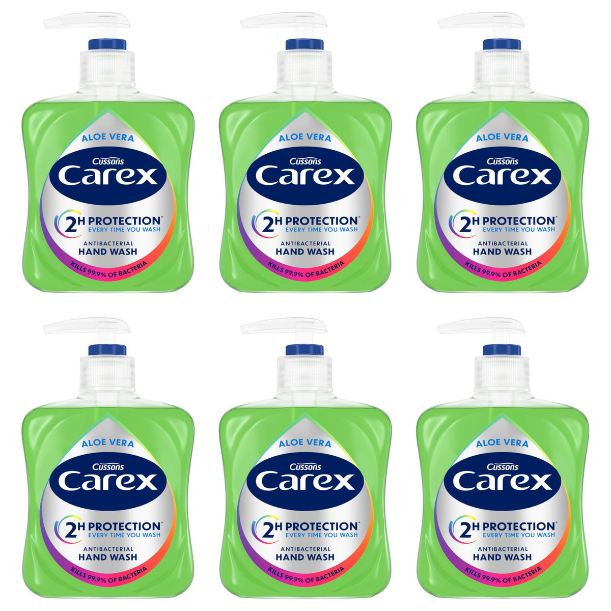 Cussons Carex Aloe Vera Antibacterial Hand Wash - Kills 99.9% Bacteria | Pack of 6 x 250ml | 2 Hour Protection