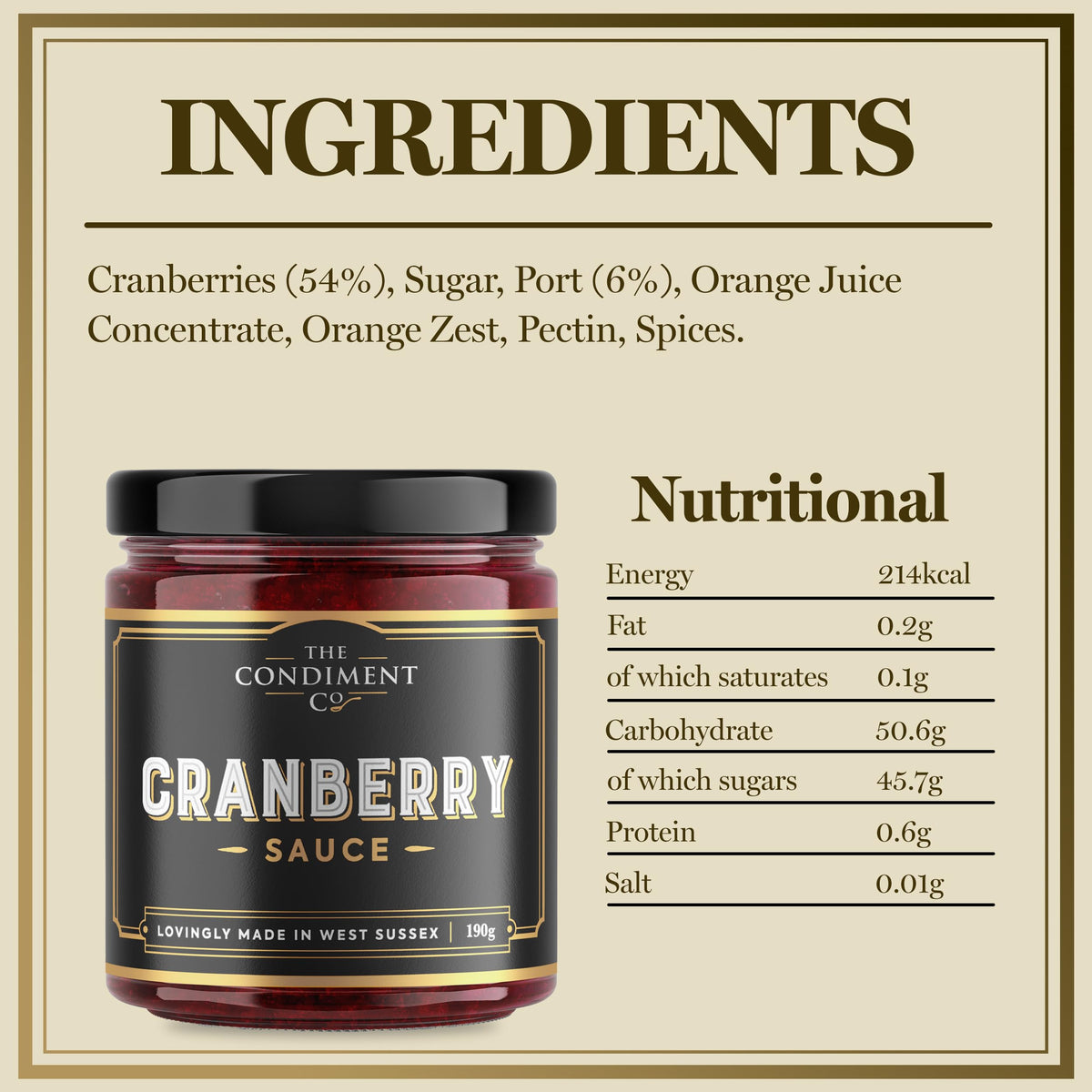 The Condiment Company Smooth Organic Cranberry Sauce - 190g Jar | No Added Sugar | Vegan & Gluten Free