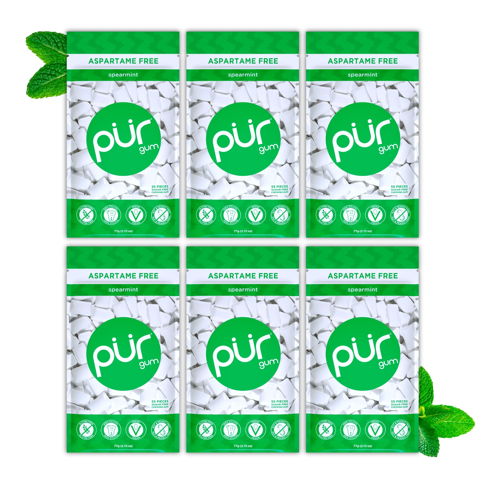 PUR Gum - Sugar Free Chewing Gum with Xylitol, Natural Spearmint Flavor, Vegan & Aspartame Free (55 Pieces, Pack of 6)