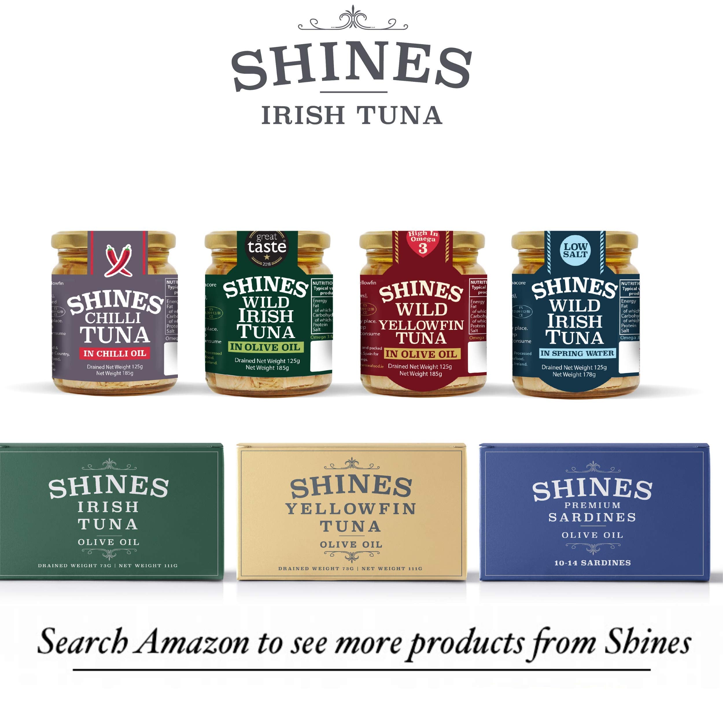 Shines Wild Irish Albacore Tuna in Water - 3 x 185g Glass Jars | High Protein, Low Carb, Omega 3 7