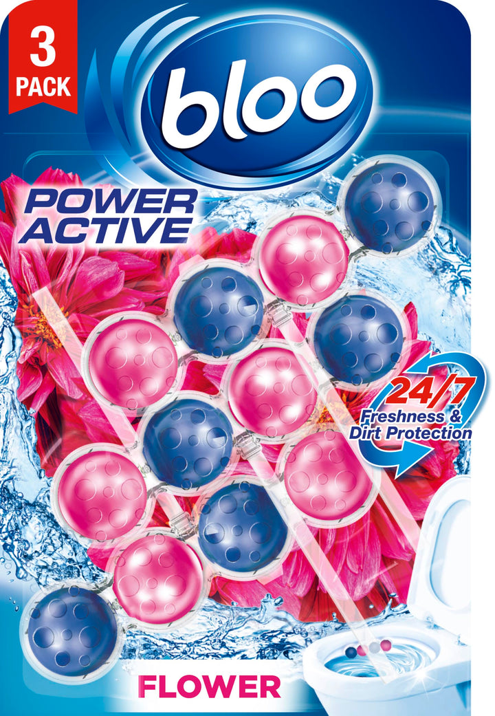 Bloo Power Active Toilet Rim Block - Fresh Flowers Scent with Anti-Limescale, 3 Pack