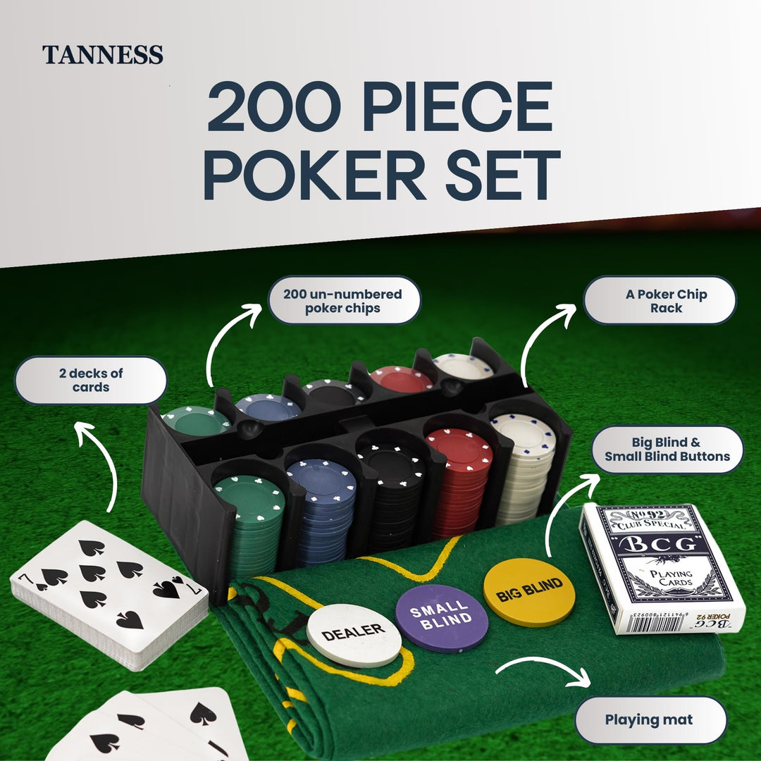 Tanness 200 Pcs Casino Poker Set with Chips, Cards, and Playing Mat for Texas Hold'em and Blackjack