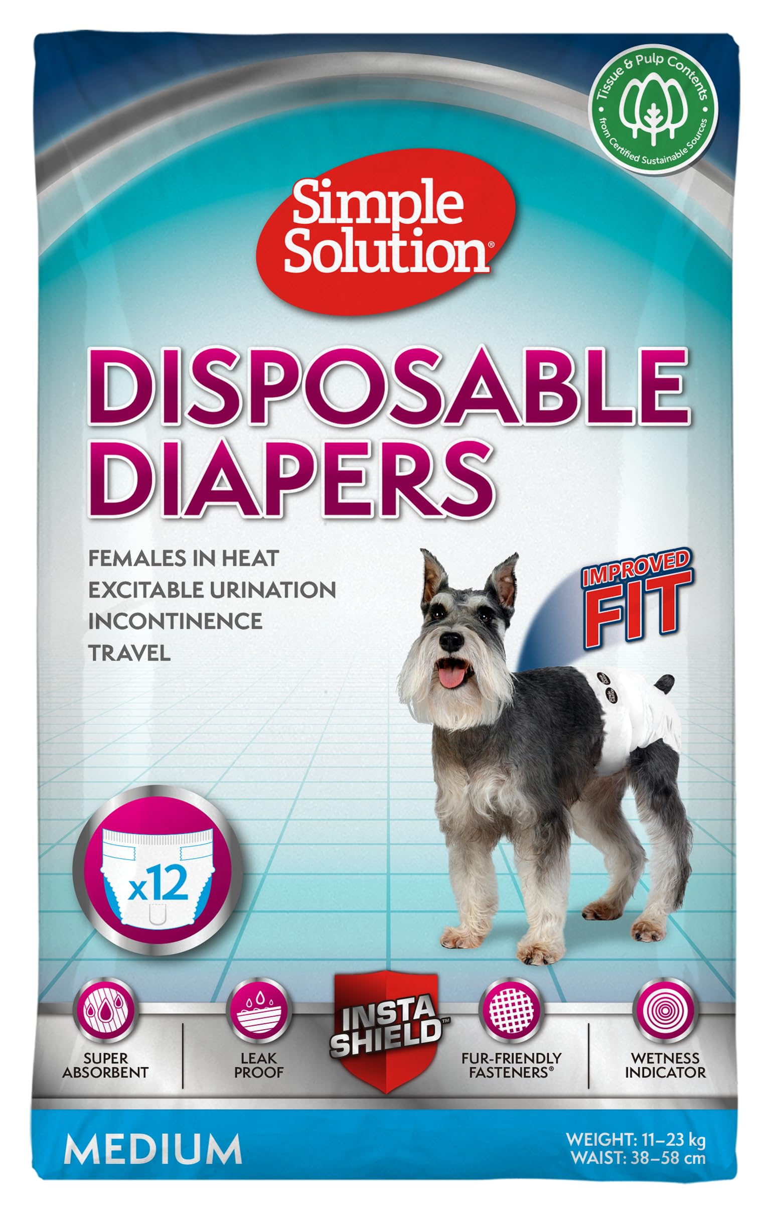 Simple Solution Disposable Dog Diapers for Female Dogs | Medium 11-23kg | 12 Pack