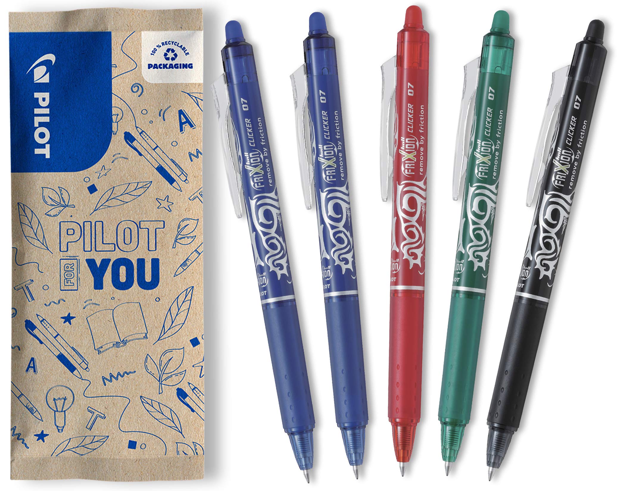 PILOT FriXion Ball Clicker Erasable Rollerball Pen - Medium 0.7mm Tip - 5 Pack