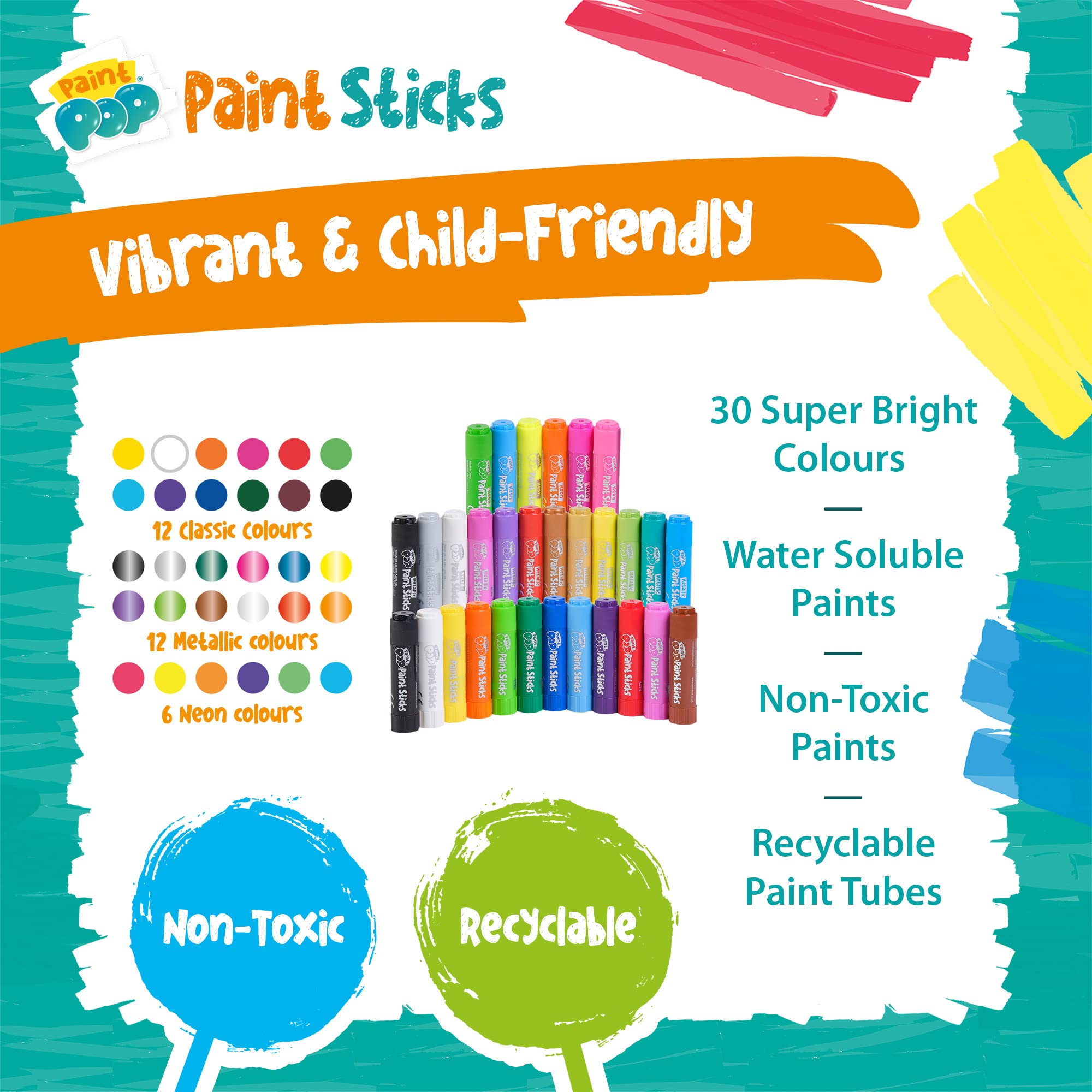 Paint Pop Paint Sticks - 30 Pack Assorted Colors Giant Storage Tube | Mess-Free Painting for Kids 5
