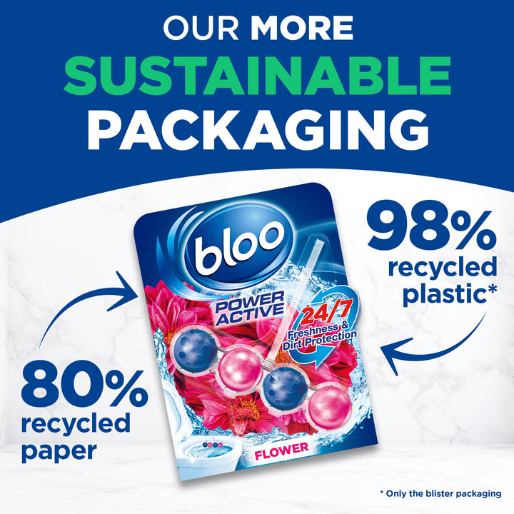 Bloo Power Active Toilet Rim Block - Fresh Flowers Scent with Anti-Limescale, 3 Pack