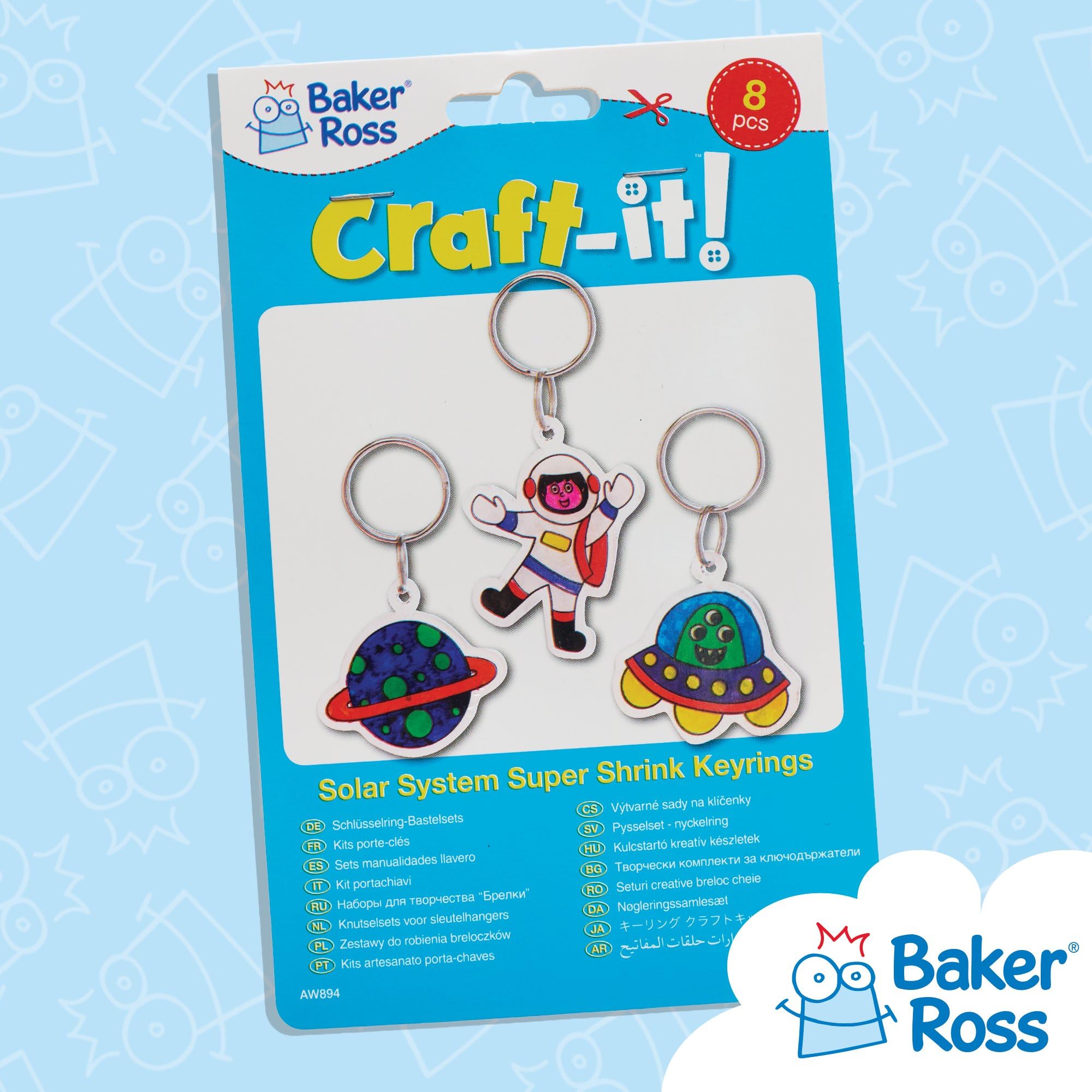 Baker Ross Solar System Super Shrink Keyrings - Pack of 8 | Arts & Crafts Kit | Kids Age 5+ 6