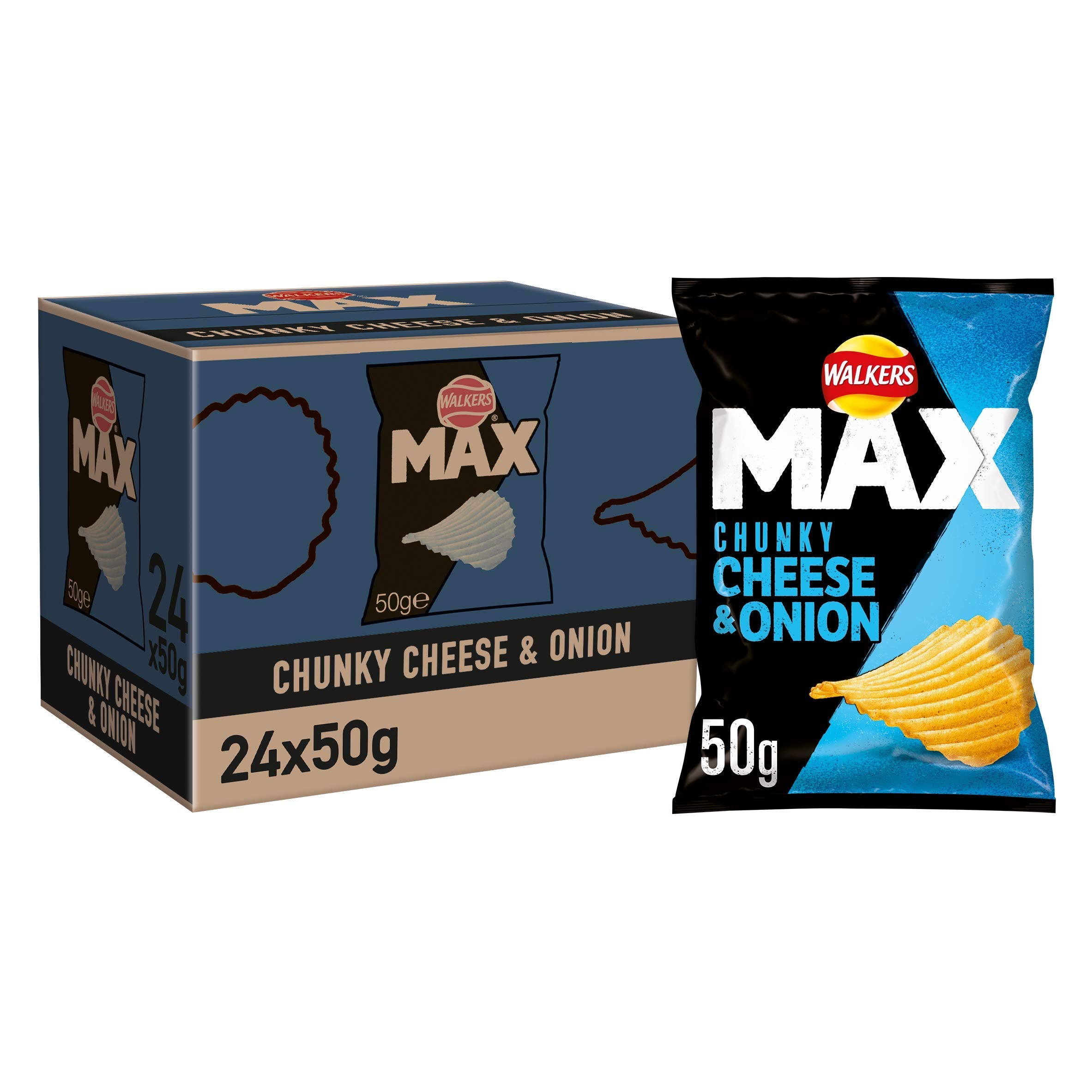 Walkers Max Cheese & Onion Crisps - Deep Ridged Texture | 50g Bags | Multipack of 24
