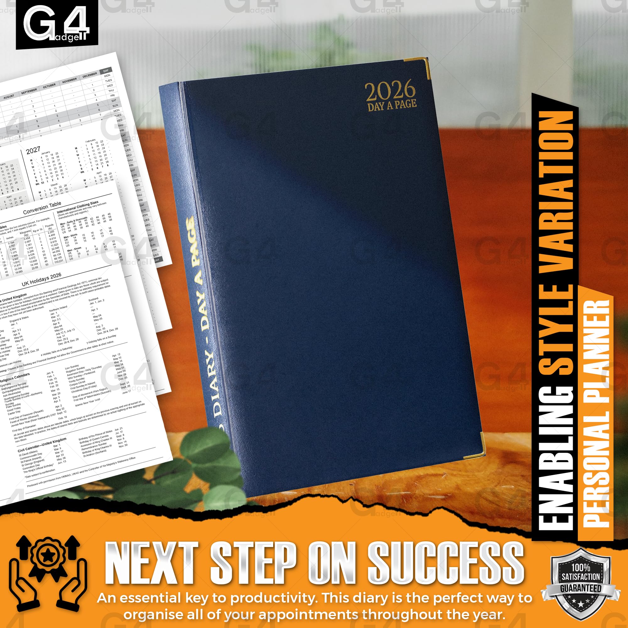 G4GADGET 2026 A4 Day a Page Diary | Blue Hardback with Gilt Edges 6