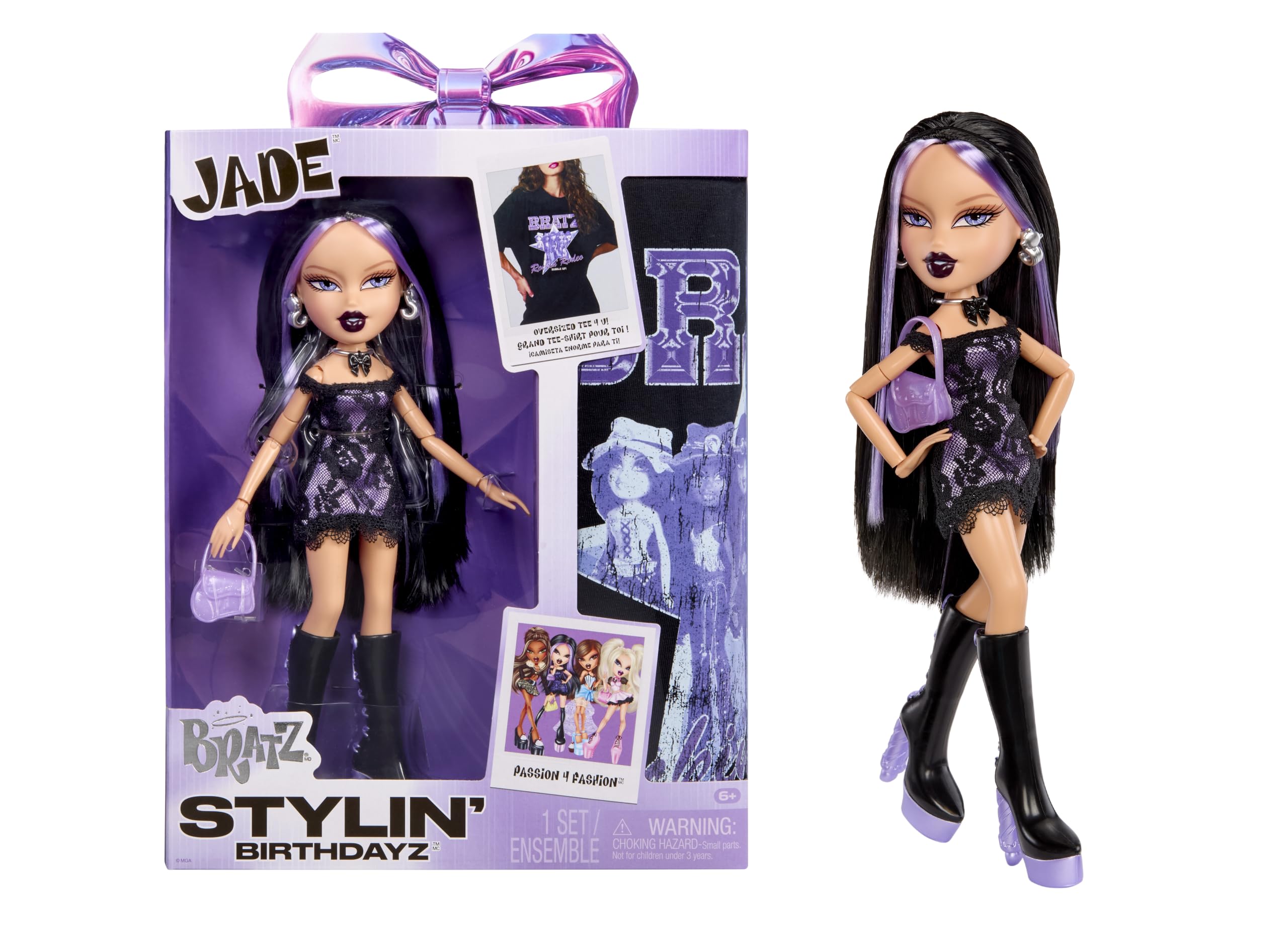Bratz Stylin’ Birthdayz Jade Doll - Purple Satin Dress, Knee-High Boots, Graphic T-Shirt | Ages 6+