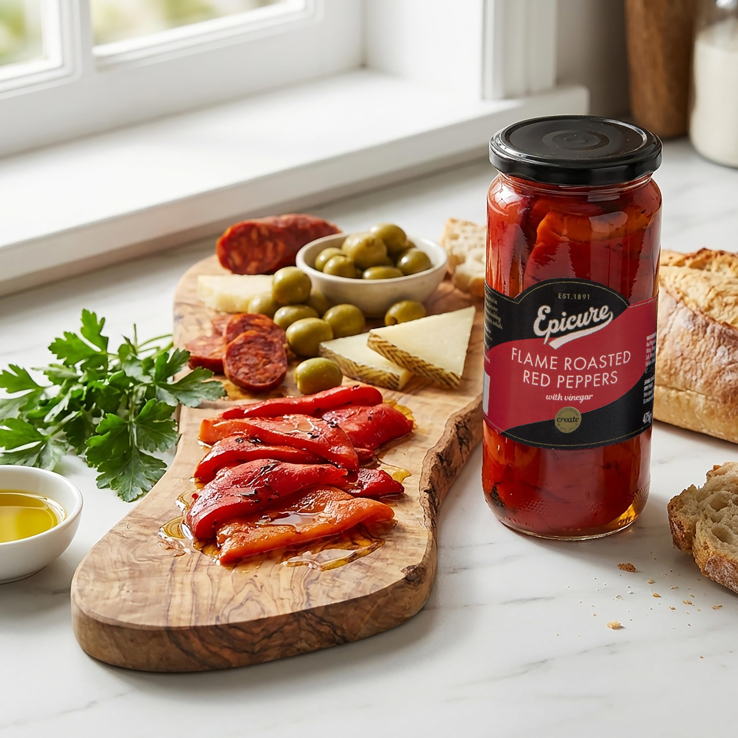 Epicure Flame Roasted Red Peppers Jar, Vinegar Infused | 480g Sliced Peppers 2