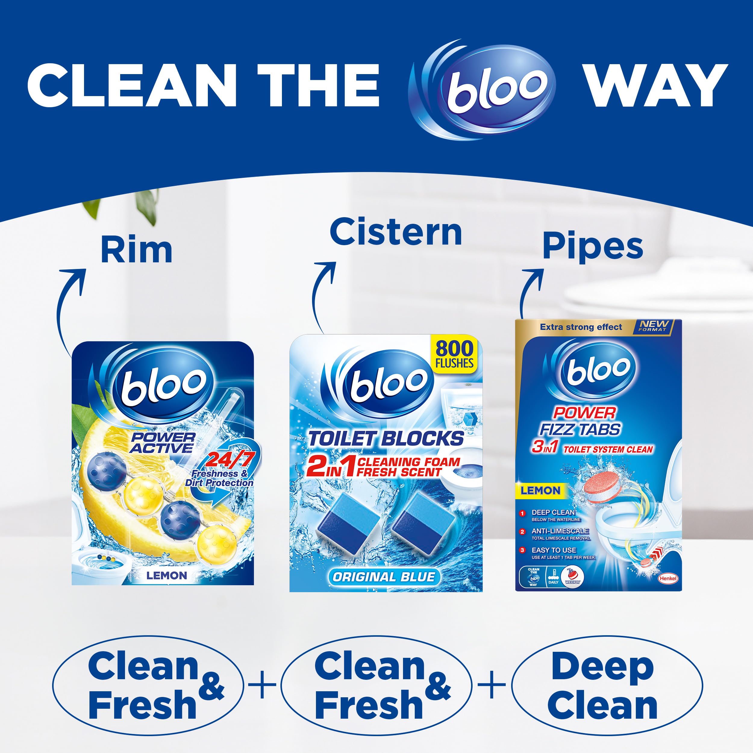 Bloo Power Active Toilet Rim Block - Lemon Scent, 50g | 100% Anti-Limescale | Lasts up to 240 Flushes 7