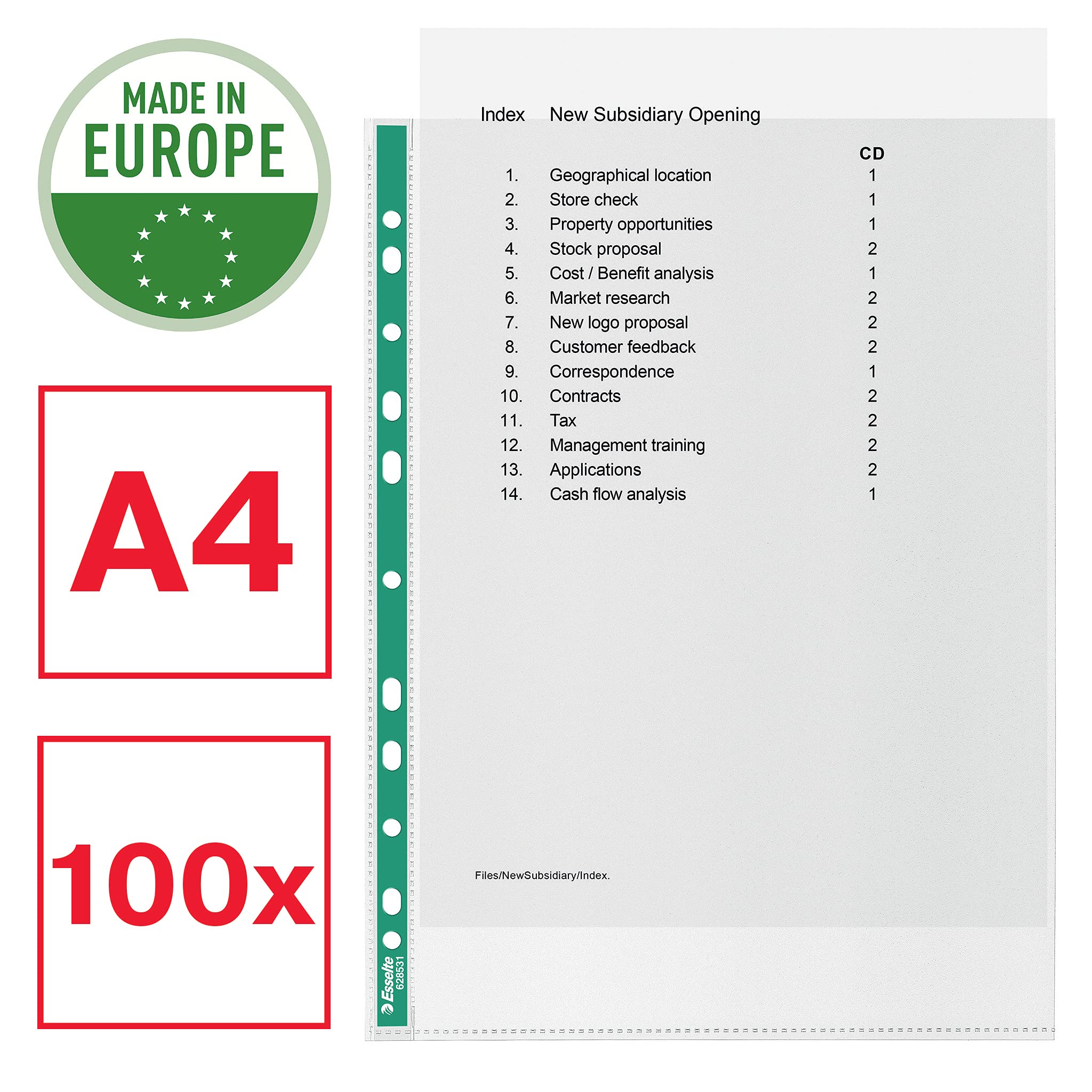 Esselte Premium Punched Pockets A4 Clear Poly Pockets - 100 Pack | 25 Sheet Capacity | 100% Recycled PP
