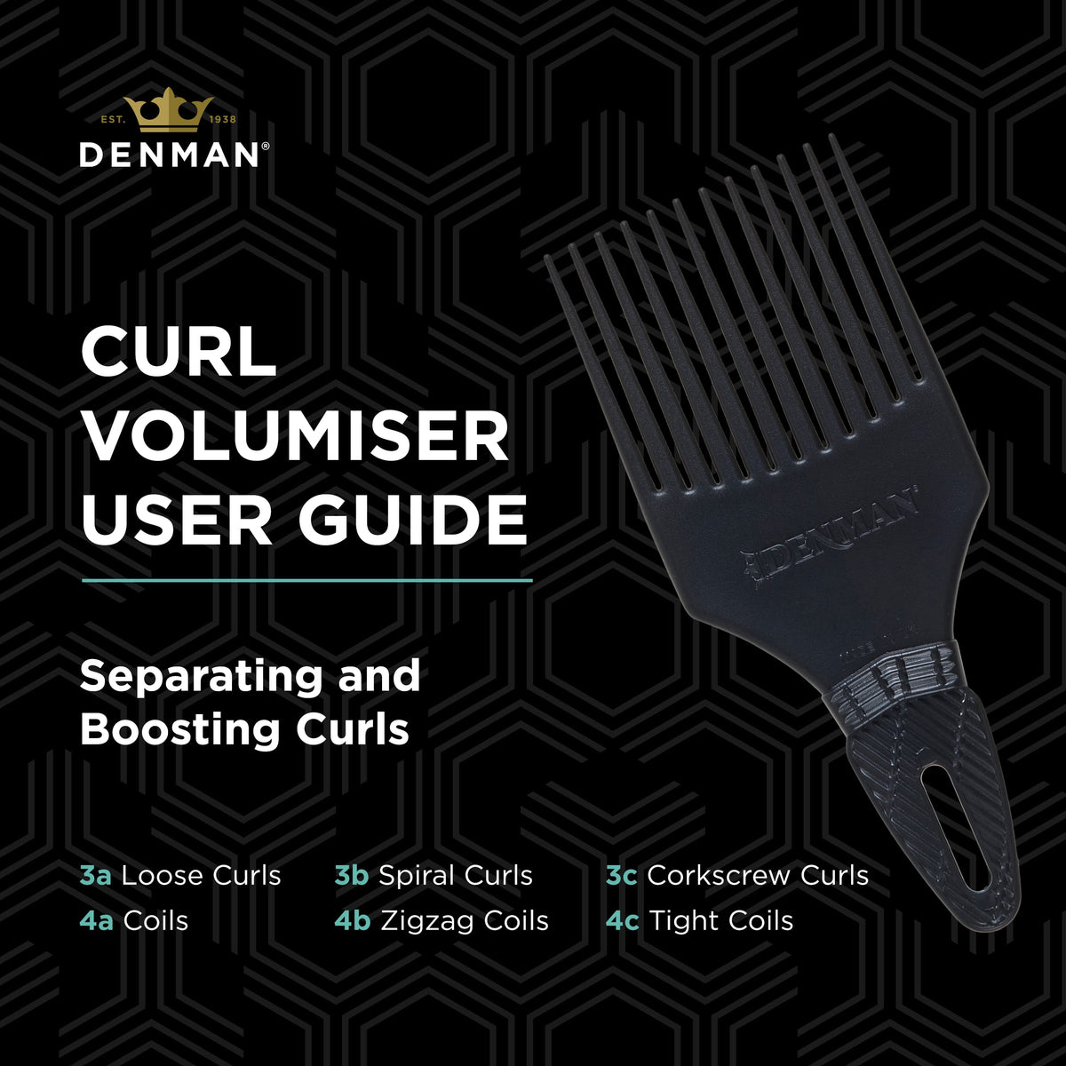 Denman Curl Volumiser Comb - Detangling, Styling, Defining Curls | Black Plastic 6