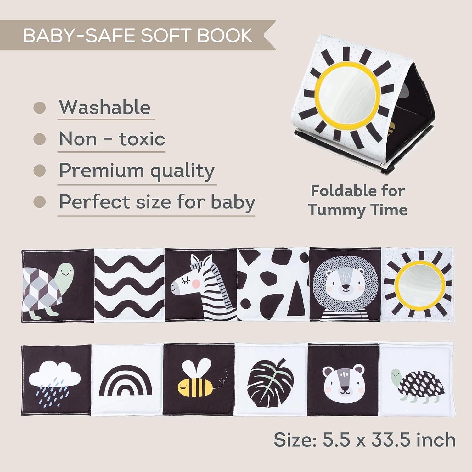 Taf Toys Savannah Black and White 3-in-1 Newborn Pram Book - High Contrast Sensory Toy for 0+ Months 4