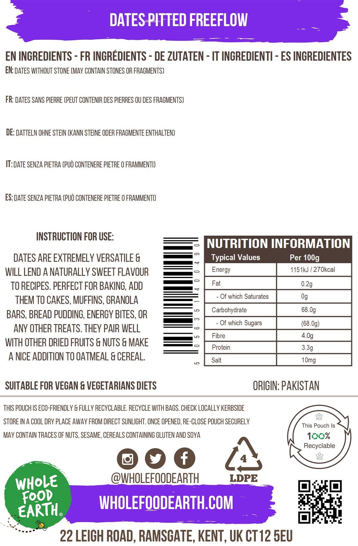 Wholefood Earth Pitted Dates 500 g | Natural | Source of Fibre