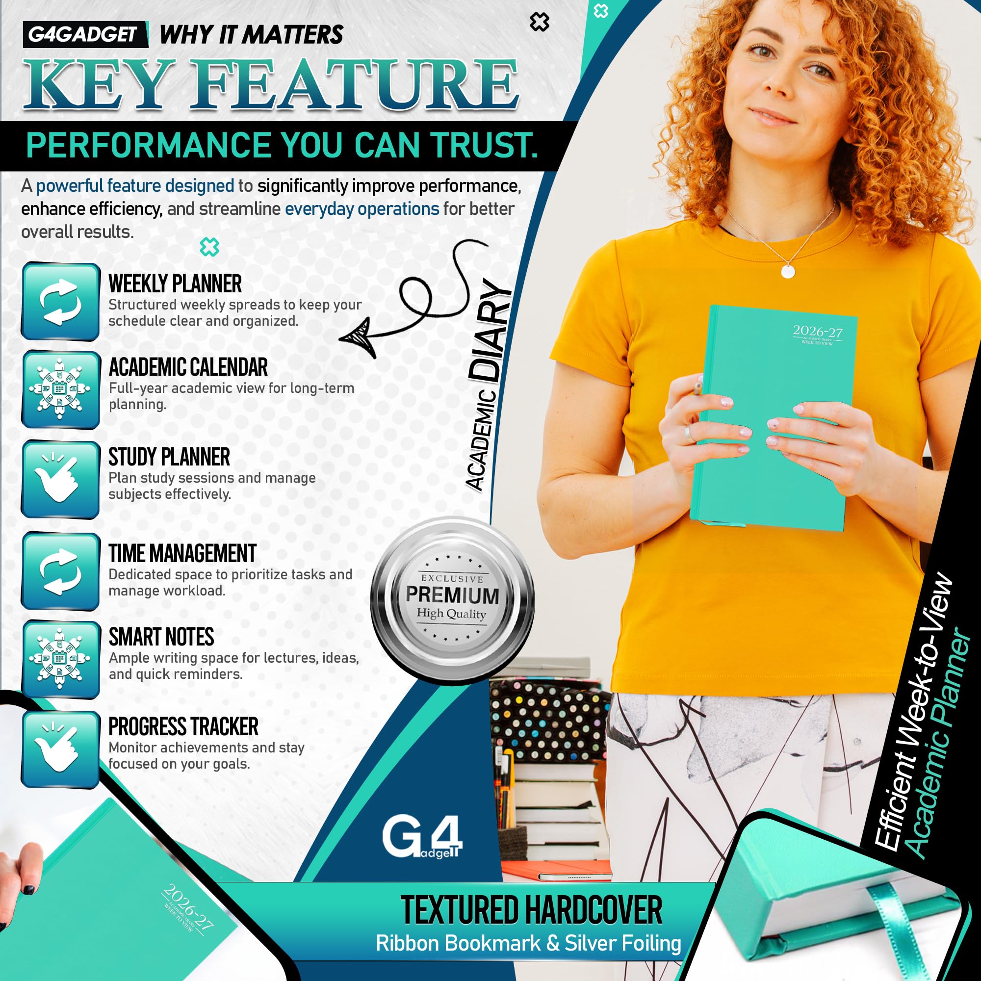 G4GADGET 2026-2027 Academic Diary - A4 Week To View | Teal Hardback | August 2026 Start 3
