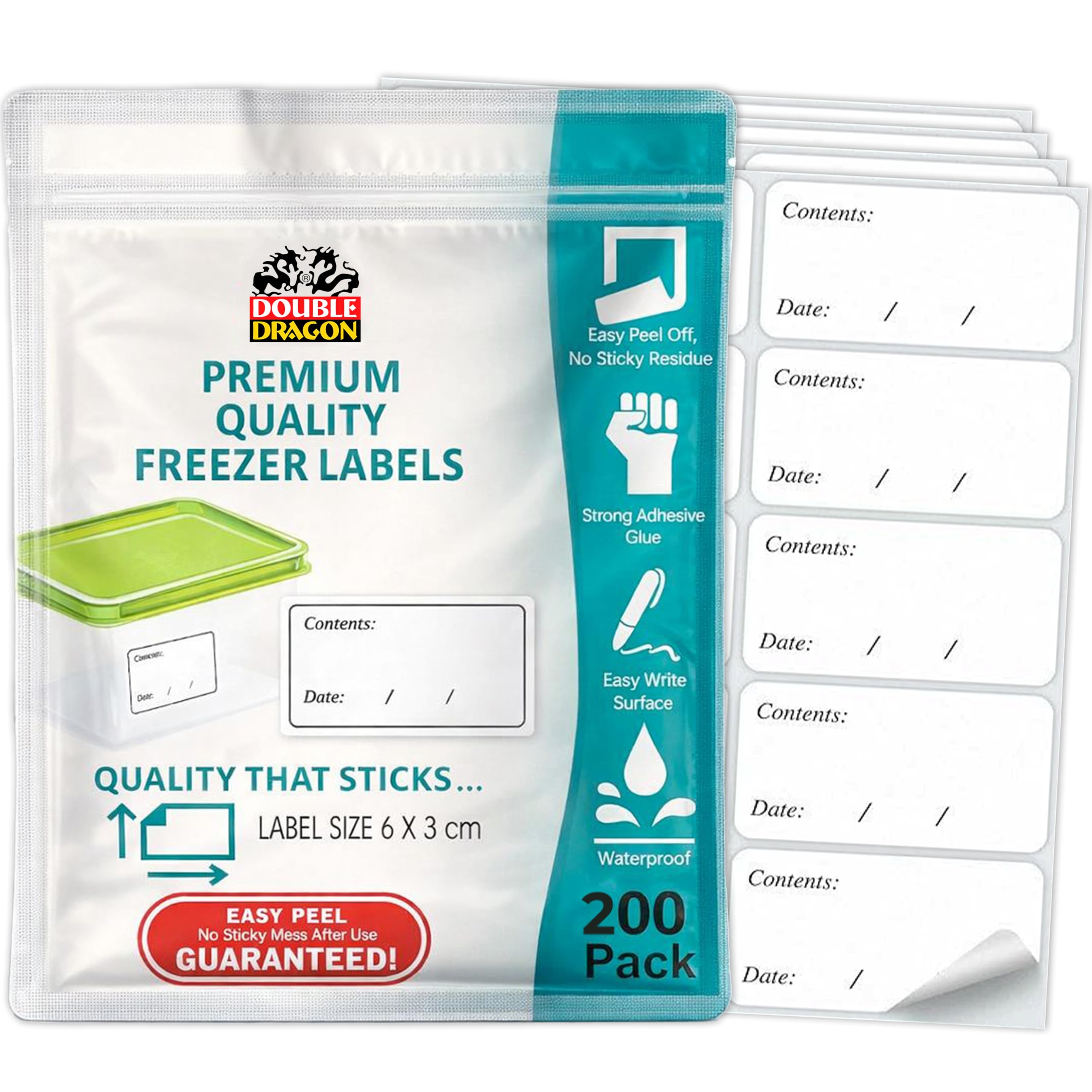 Double Dragon Premium Removable Freezer Stickers - 200 Pack, 6x3cm | Waterproof & Residue-Free