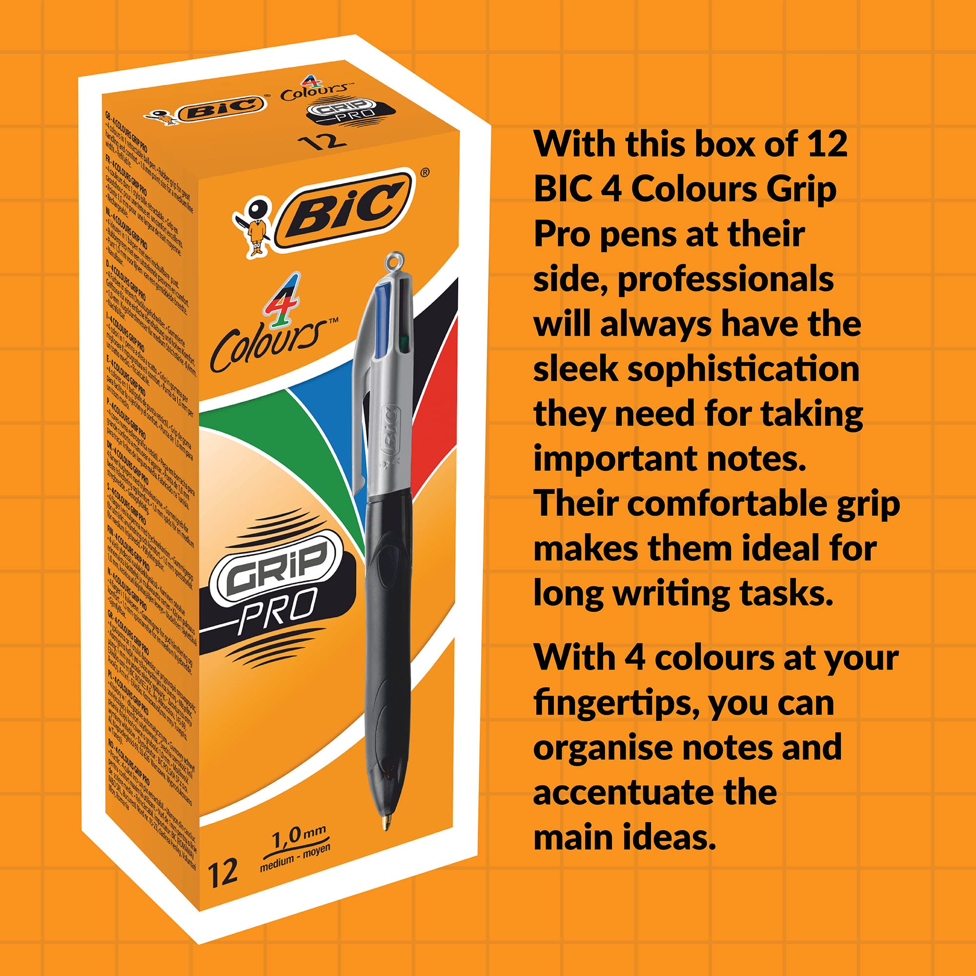 BIC 4 Colours Grip Pro Retractable Ballpoint Pens - Box of 12 - Medium 1.0mm Point - Blue, Black, Red, Green 7